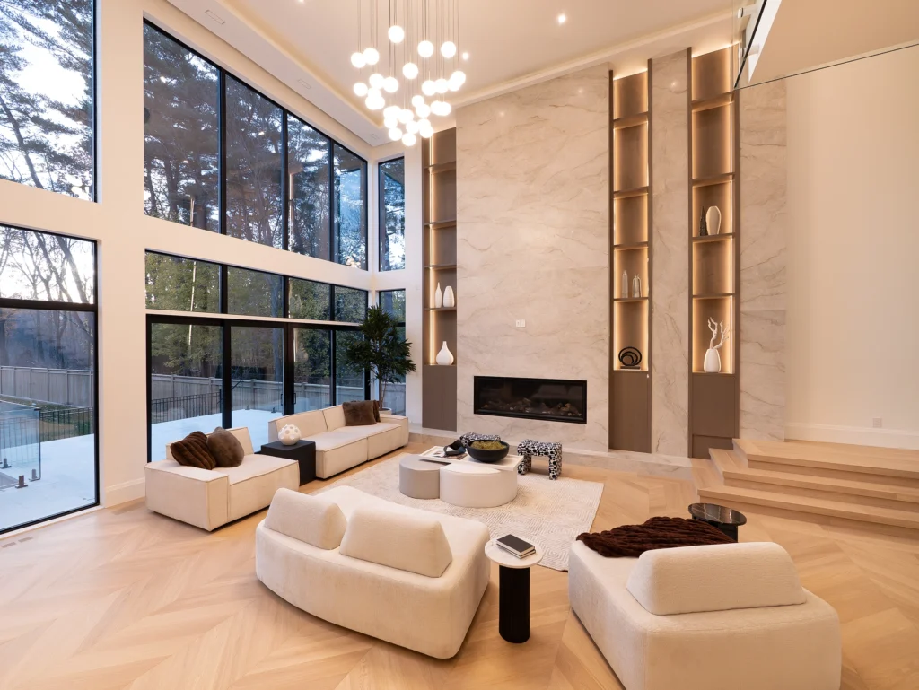 Elegant living room interior design by Studio Kimi — Mona project, Port Credit, Mississauga