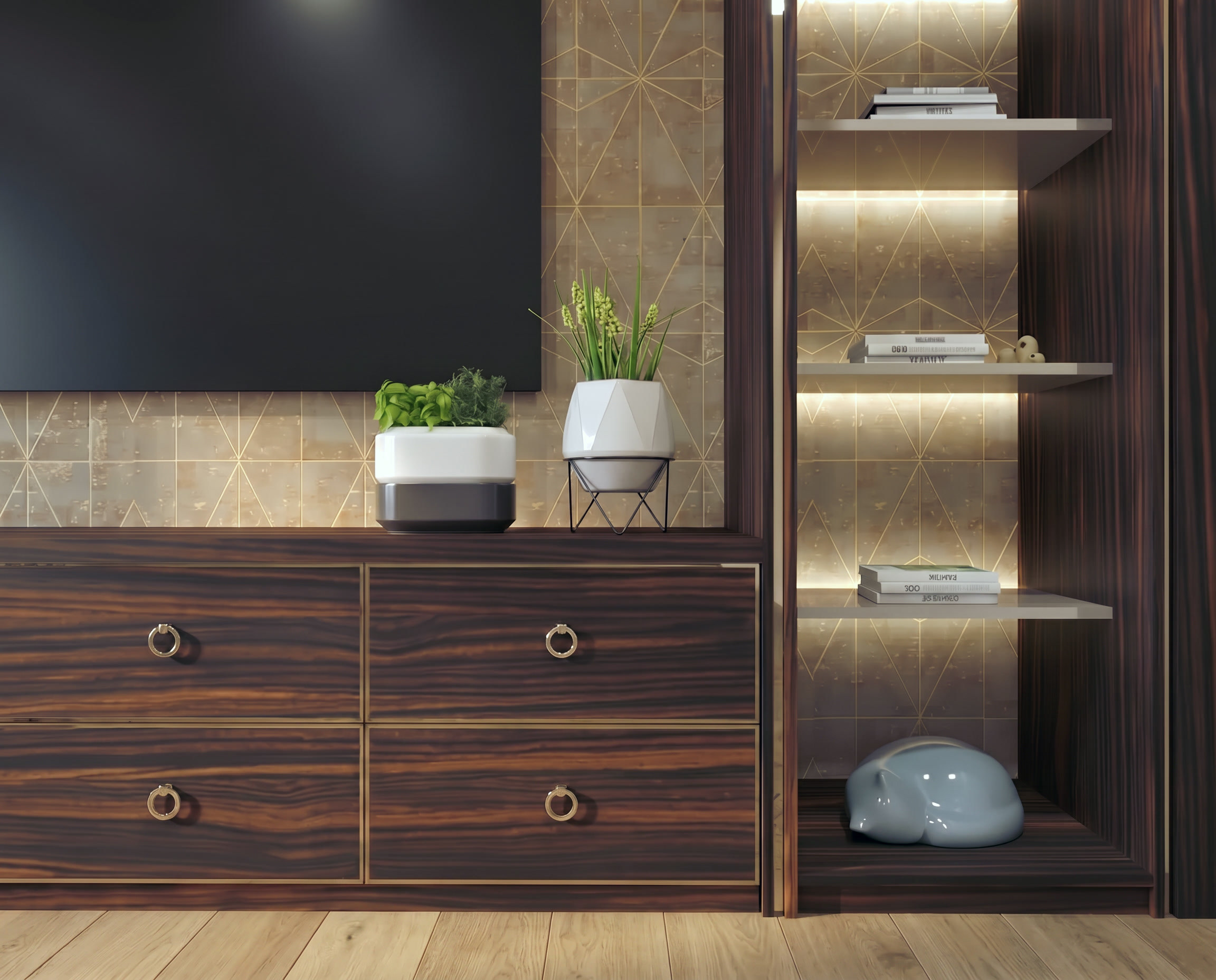 Bayview Ridge bedroom ebony millwork and gold tile detail — Studio Kimi interior design in Toronto