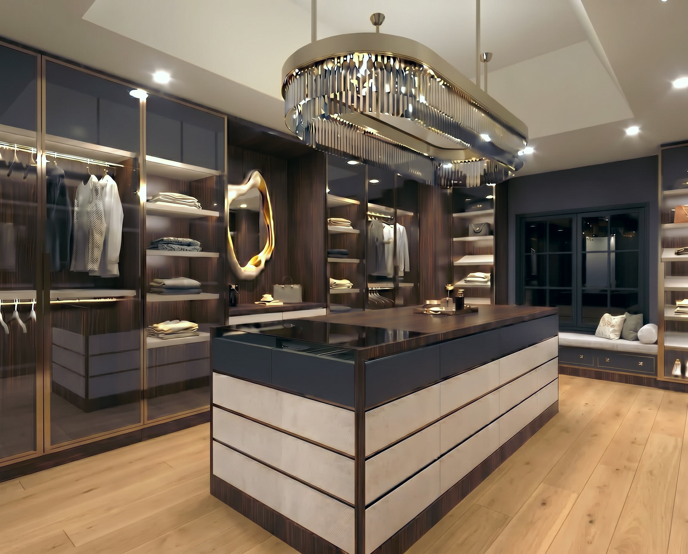 Bayview Ridge dressing room with organic gold mirror — Studio Kimi interior design in Toronto