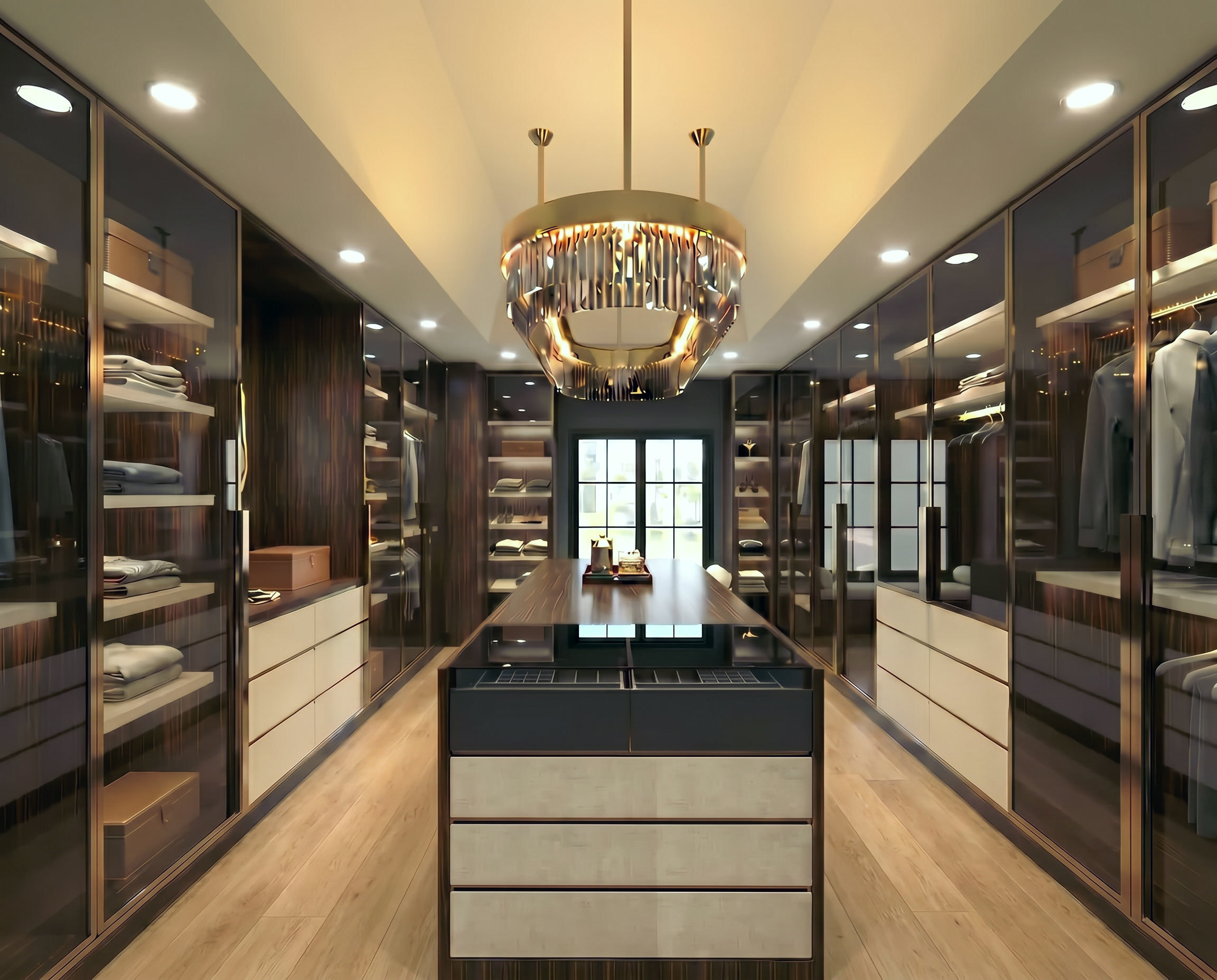 Bayview Ridge dressing room with glass-front ebony cabinetry — Studio Kimi interior design in Toronto