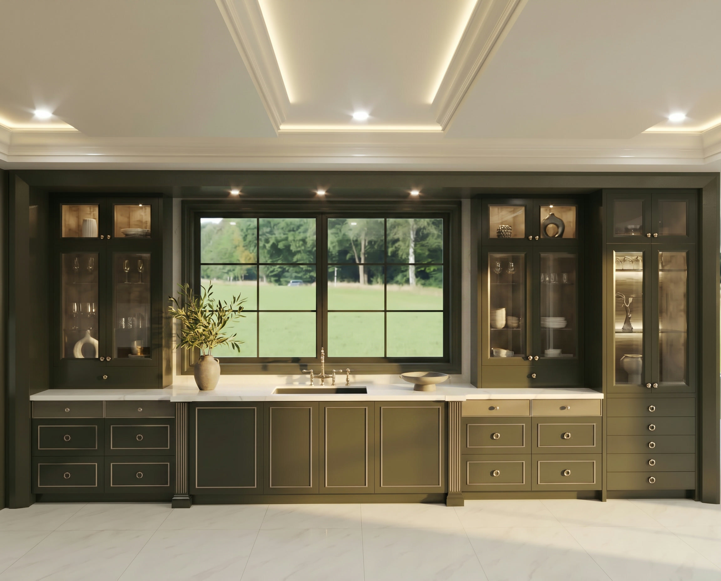 Bayview Ridge kitchen glass-front cabinetry and window — Studio Kimi interior design in Toronto
