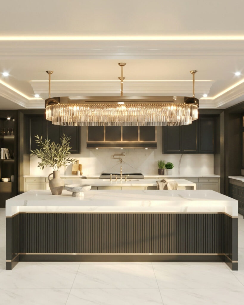 Bayview Ridge kitchen with marble island and crystal chandelier — Studio Kimi interior design in Toronto