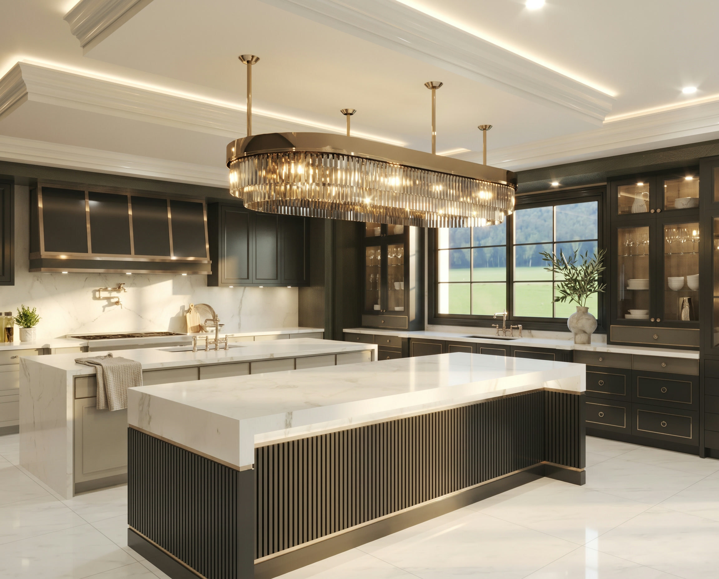 Bayview Ridge kitchen with marble waterfall island — Studio Kimi interior design in Toronto