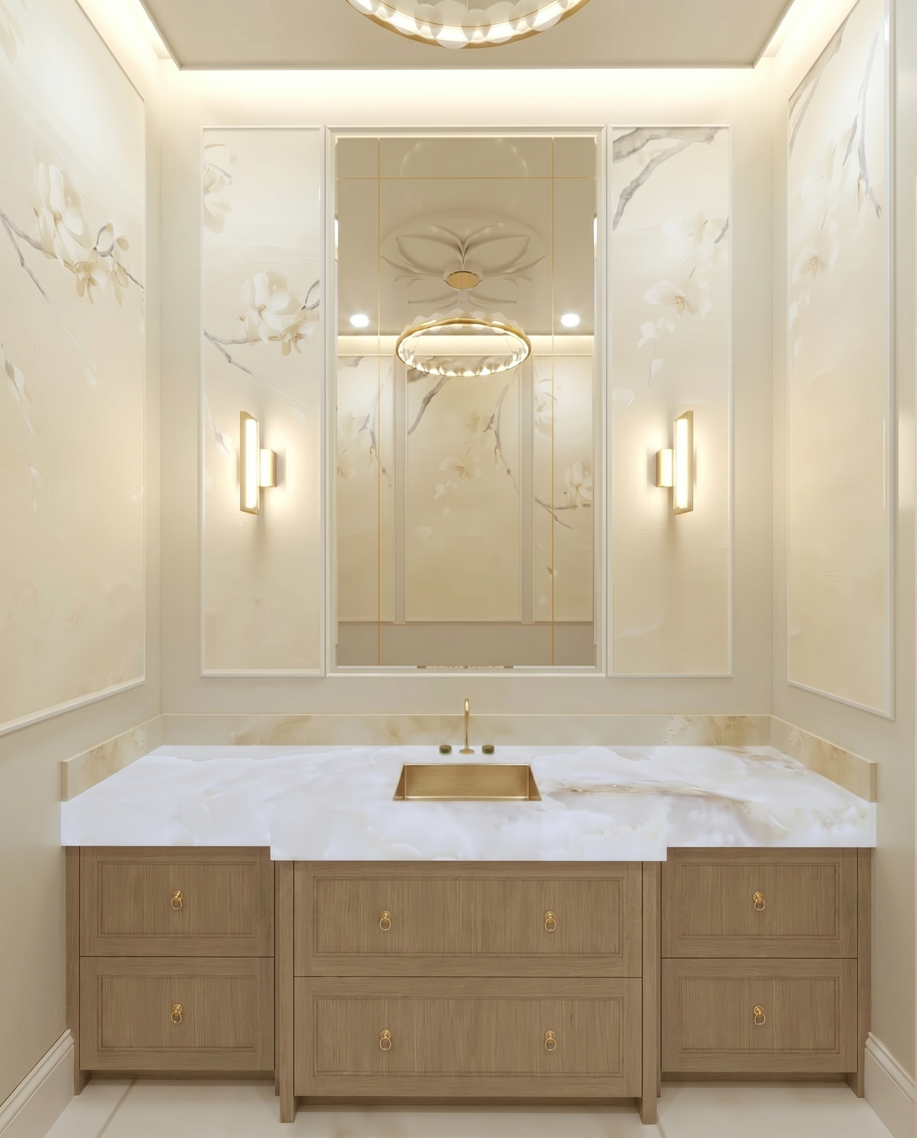 Bayview Ridge powder room in cream onyx — Studio Kimi interior design in Toronto