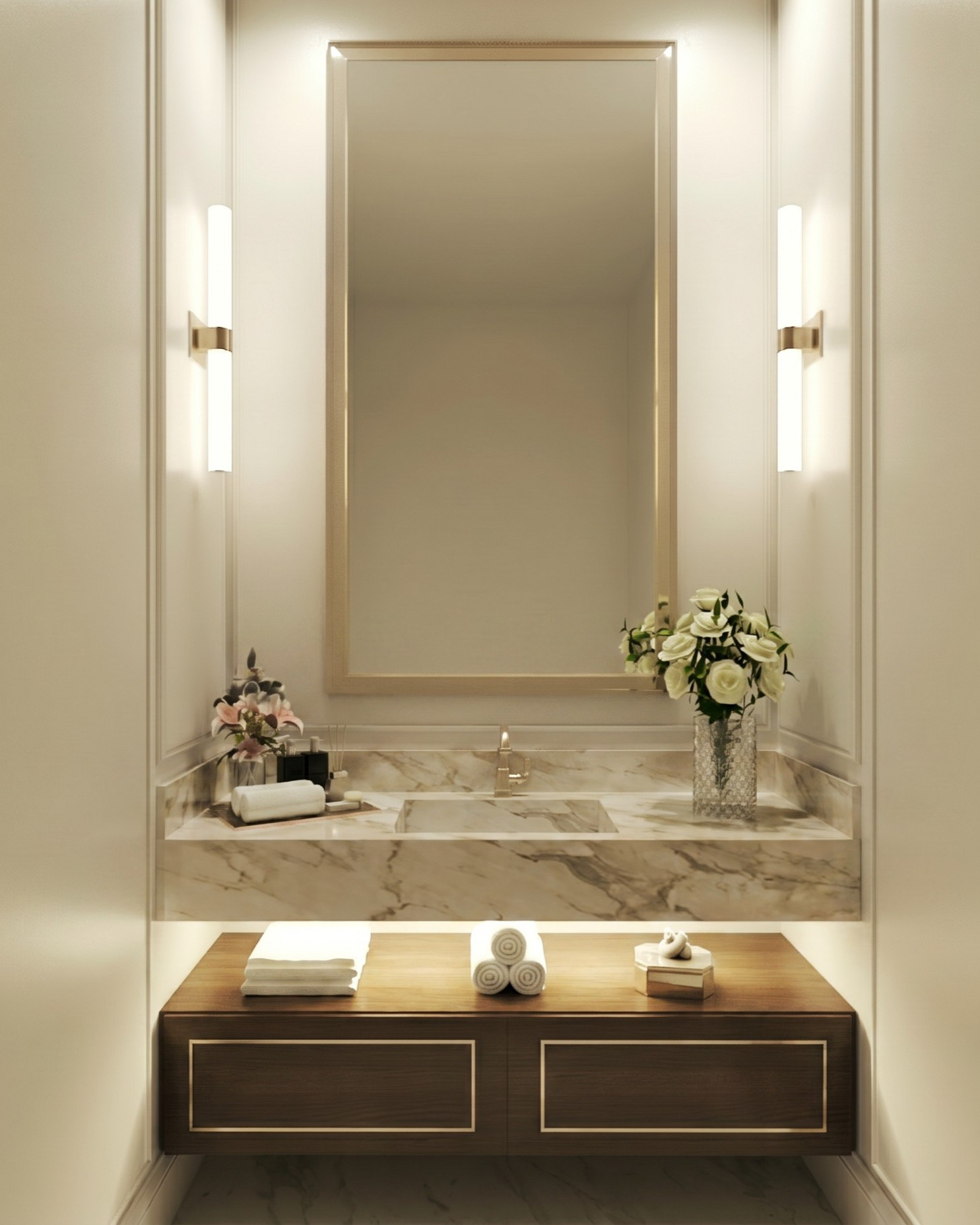 Bayview Ridge powder room with walnut vanity and gold mirror — Studio Kimi interior design in Toronto