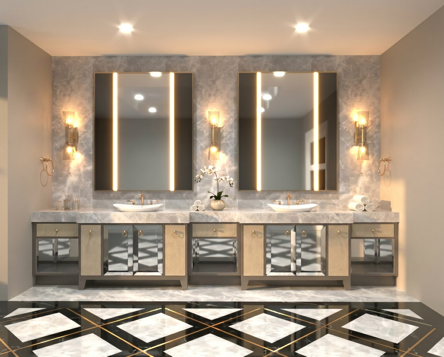 Bayview Ridge primary ensuite with grey marble and backlit mirrors — Studio Kimi interior design in Toronto