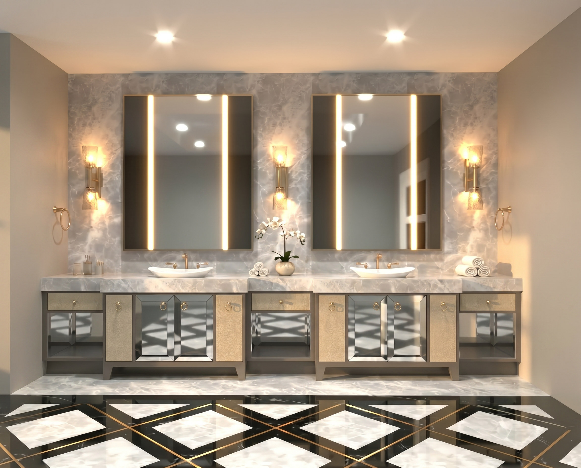 Bayview Ridge primary ensuite with grey marble and backlit mirrors — Studio Kimi interior design in Toronto