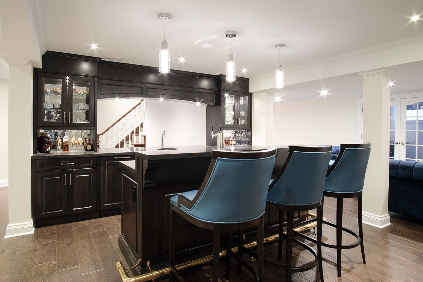 Basement home bar and staircase — Burrowhill, Studio Kimi Lorne Park Mississauga