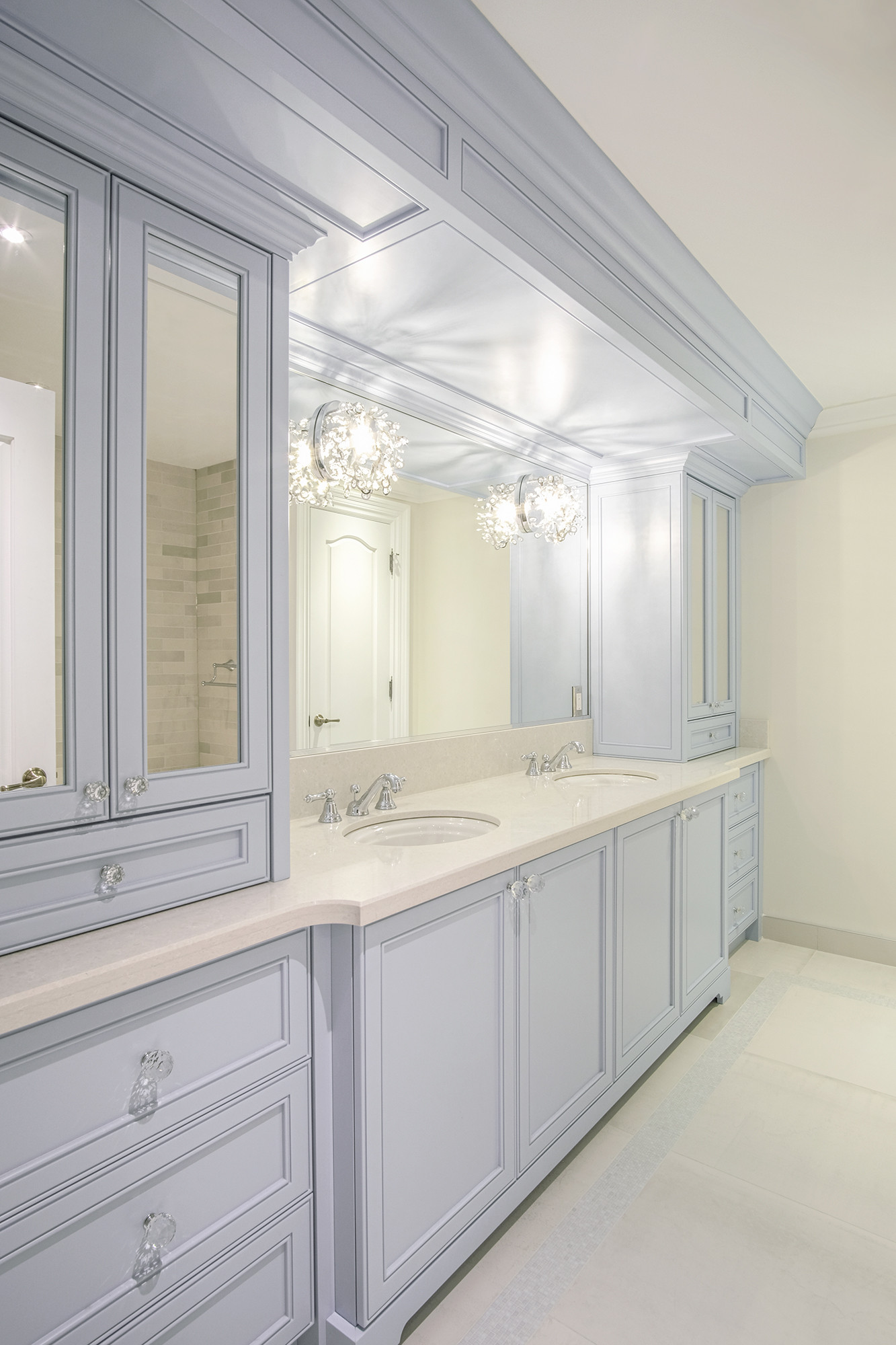 Double vanity with framed mirror — Burrowhill basement bathroom, Studio Kimi Mississauga