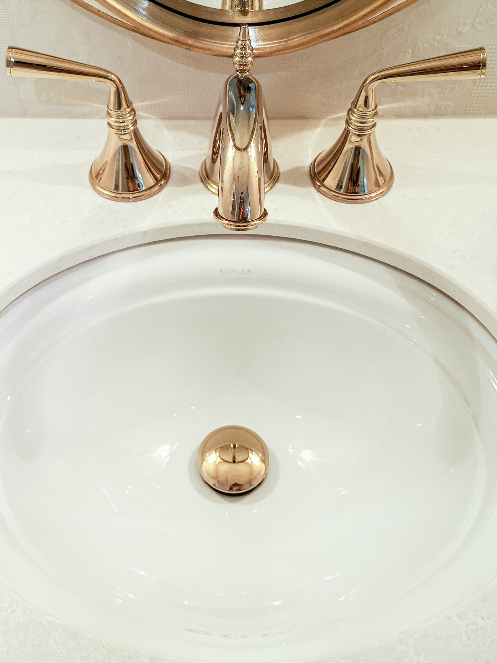 Gold faucet and basin detail — Burrowhill bathroom, Studio Kimi Mississauga