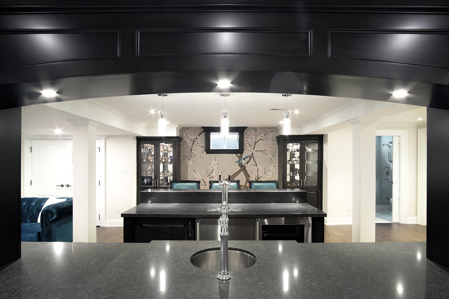 Lower-level lounge and billiards area off the home bar — Burrowhill, Studio Kimi Mississauga