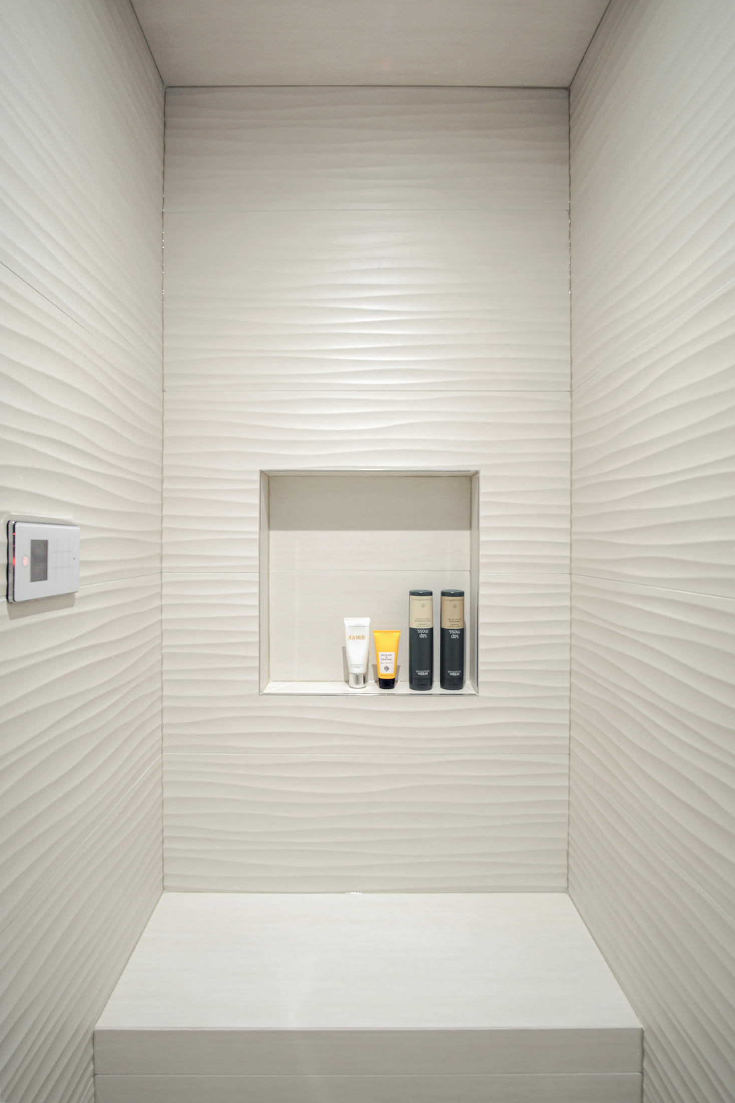 Walk-in shower with tiled niche — Burrowhill basement bathroom, Studio Kimi Mississauga