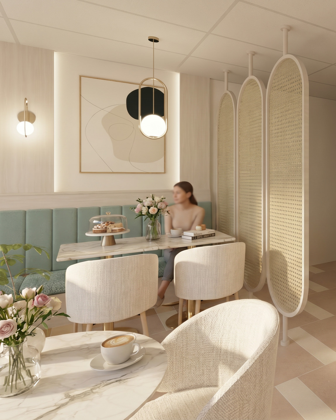 Intimate booth with cane screen divider