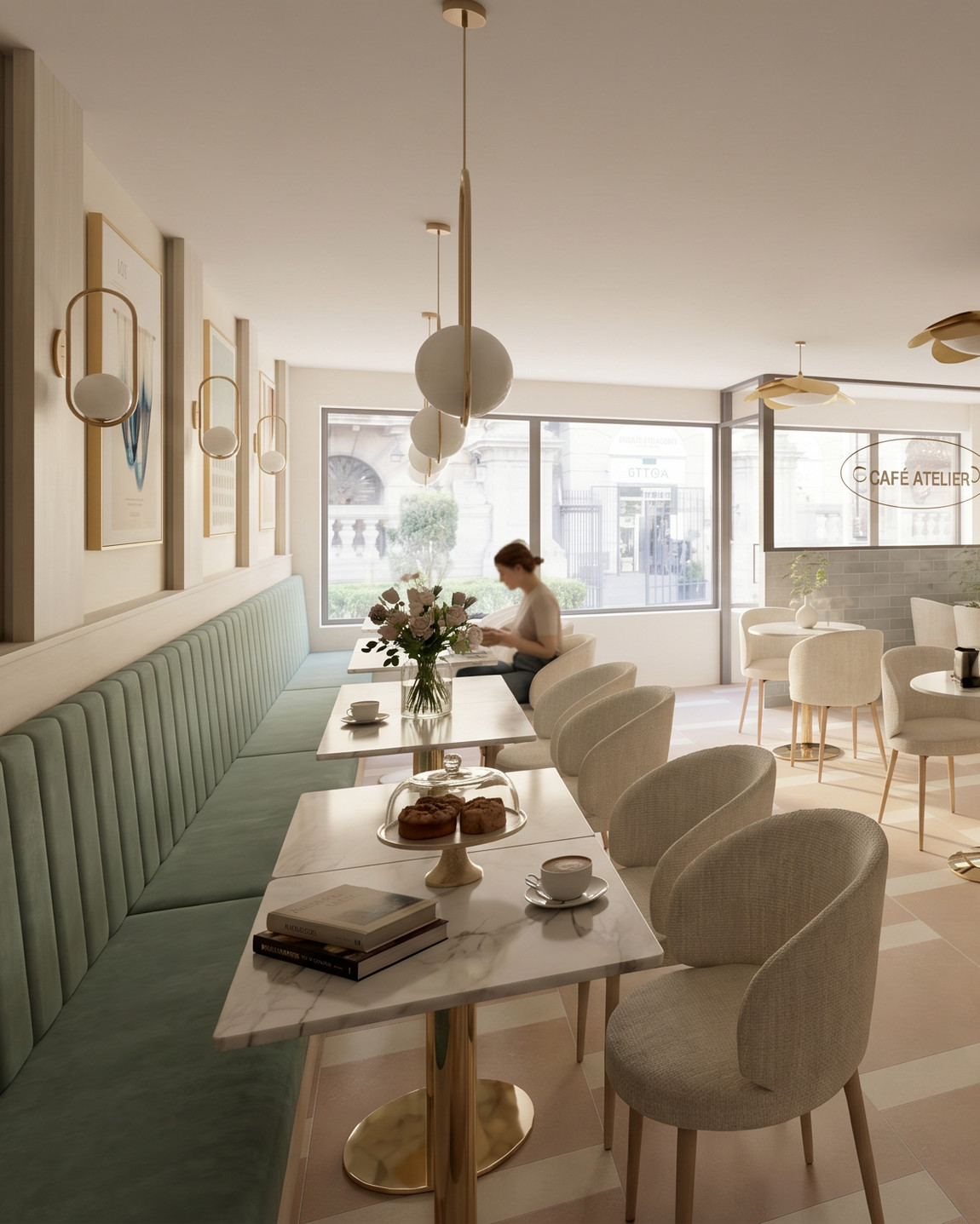 Communal marble table along the banquette
