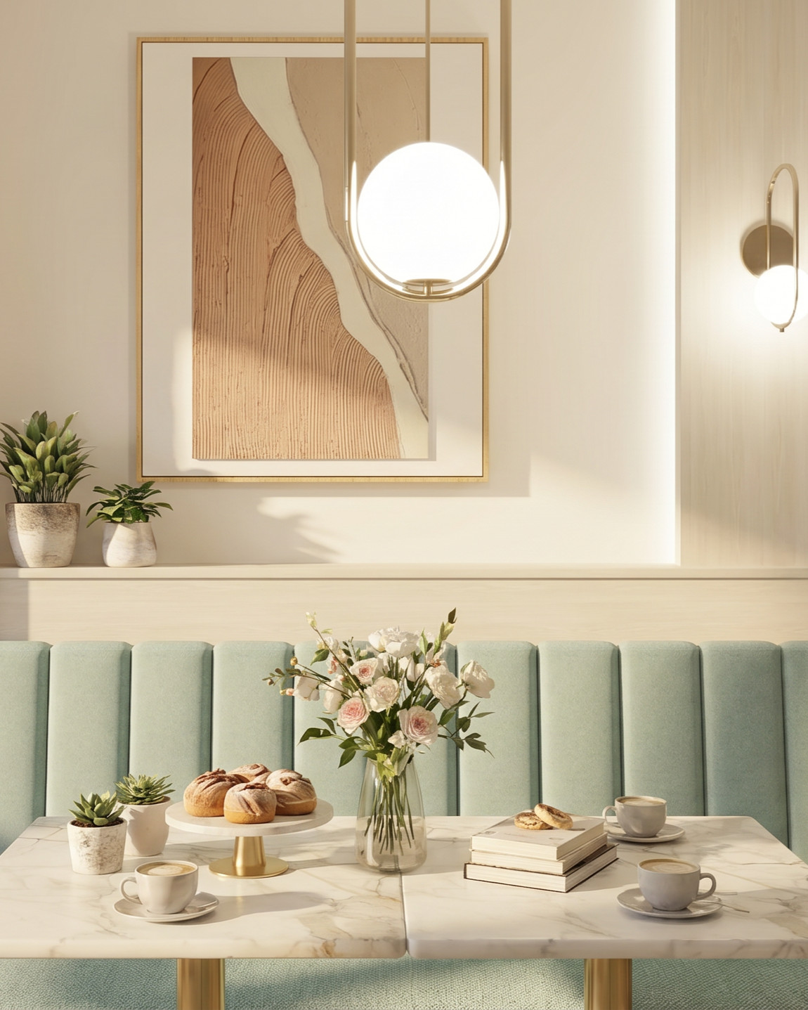 Banquette booth with abstract art and pastries