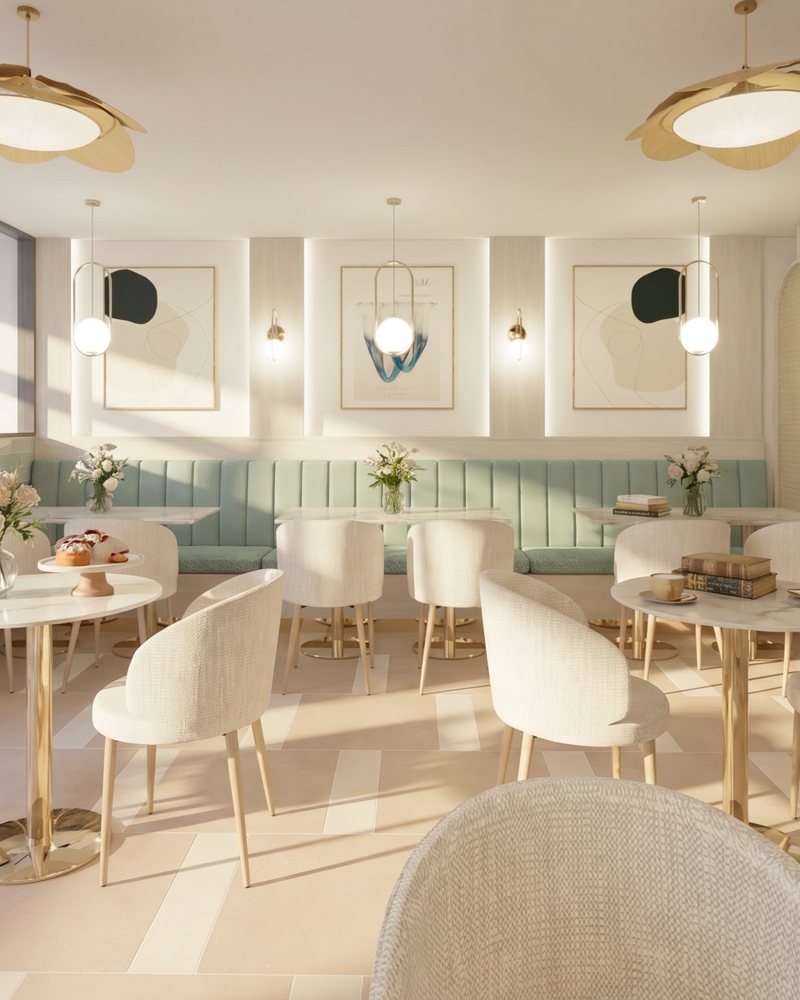 Sage banquette and marble bistro tables