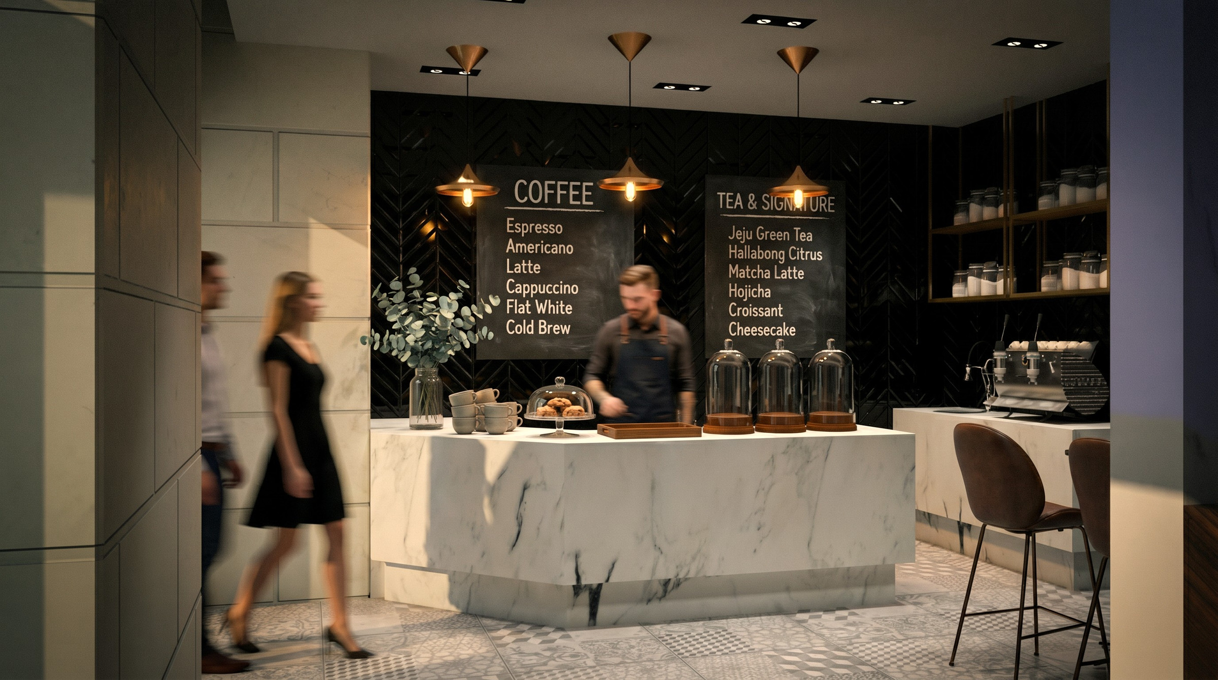 Hotel Leo café and chalkboard menu wall — Studio Kimi interior design in Jeju Island