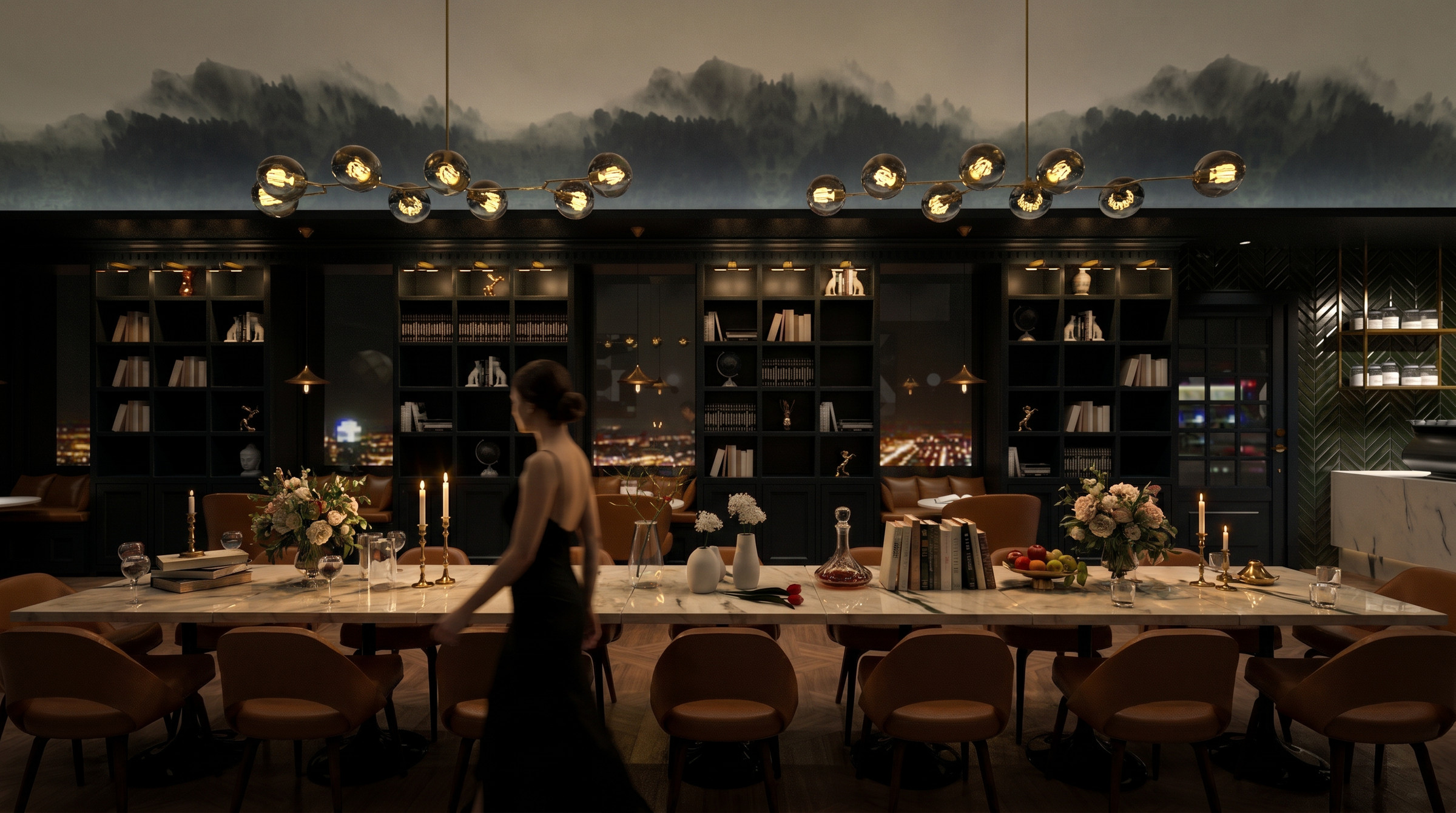 Hotel Leo library lounge communal table — Studio Kimi interior design in Jeju Island