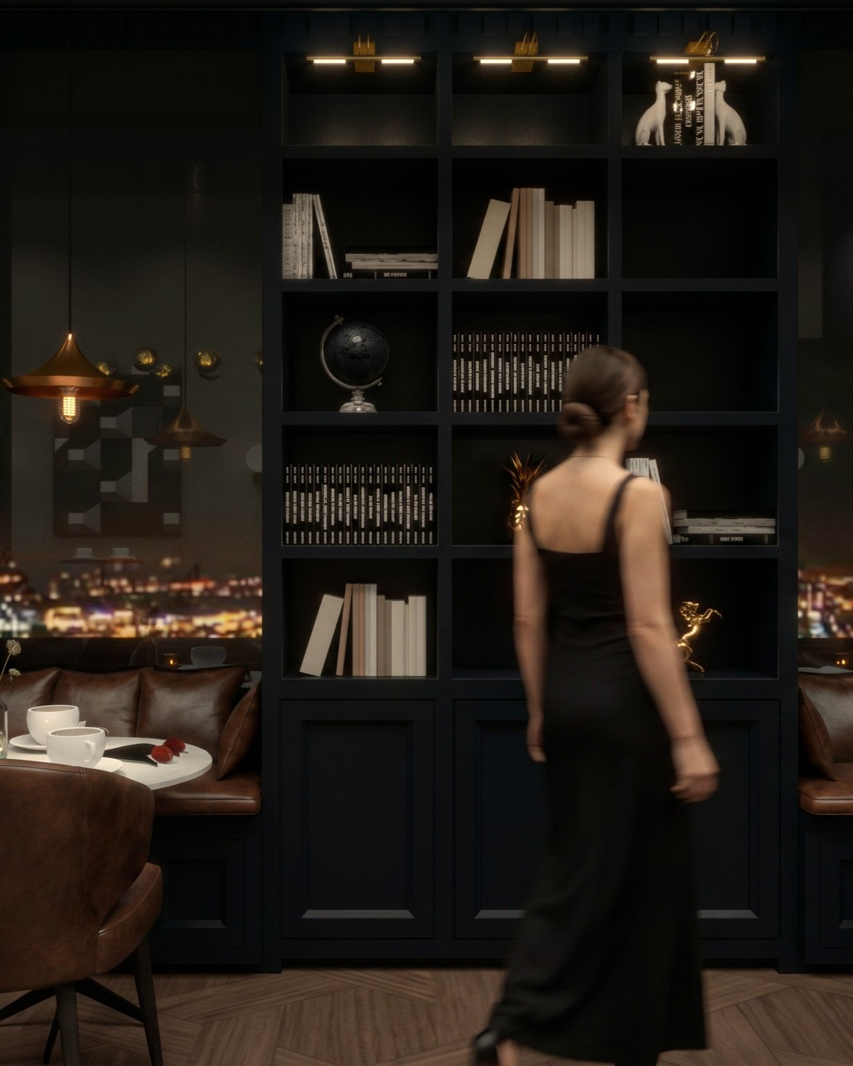 Hotel Leo book-lined library lounge — Studio Kimi interior design in Jeju Island