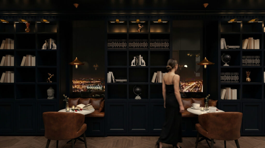 Hotel Leo library lounge dining tables — Studio Kimi interior design in Jeju Island