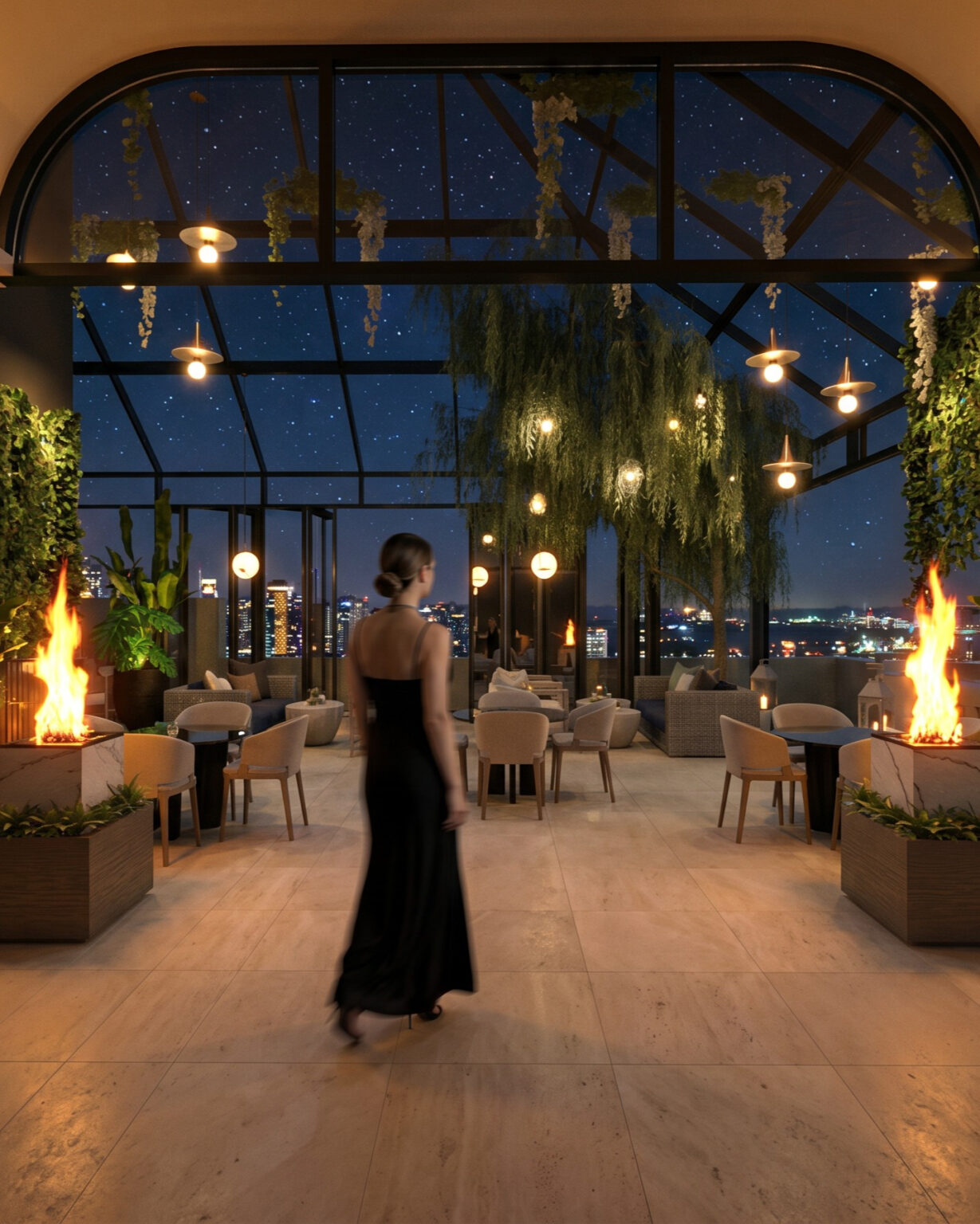 Hotel Leo glass-vaulted rooftop lounge at night — Studio Kimi, Jeju Island