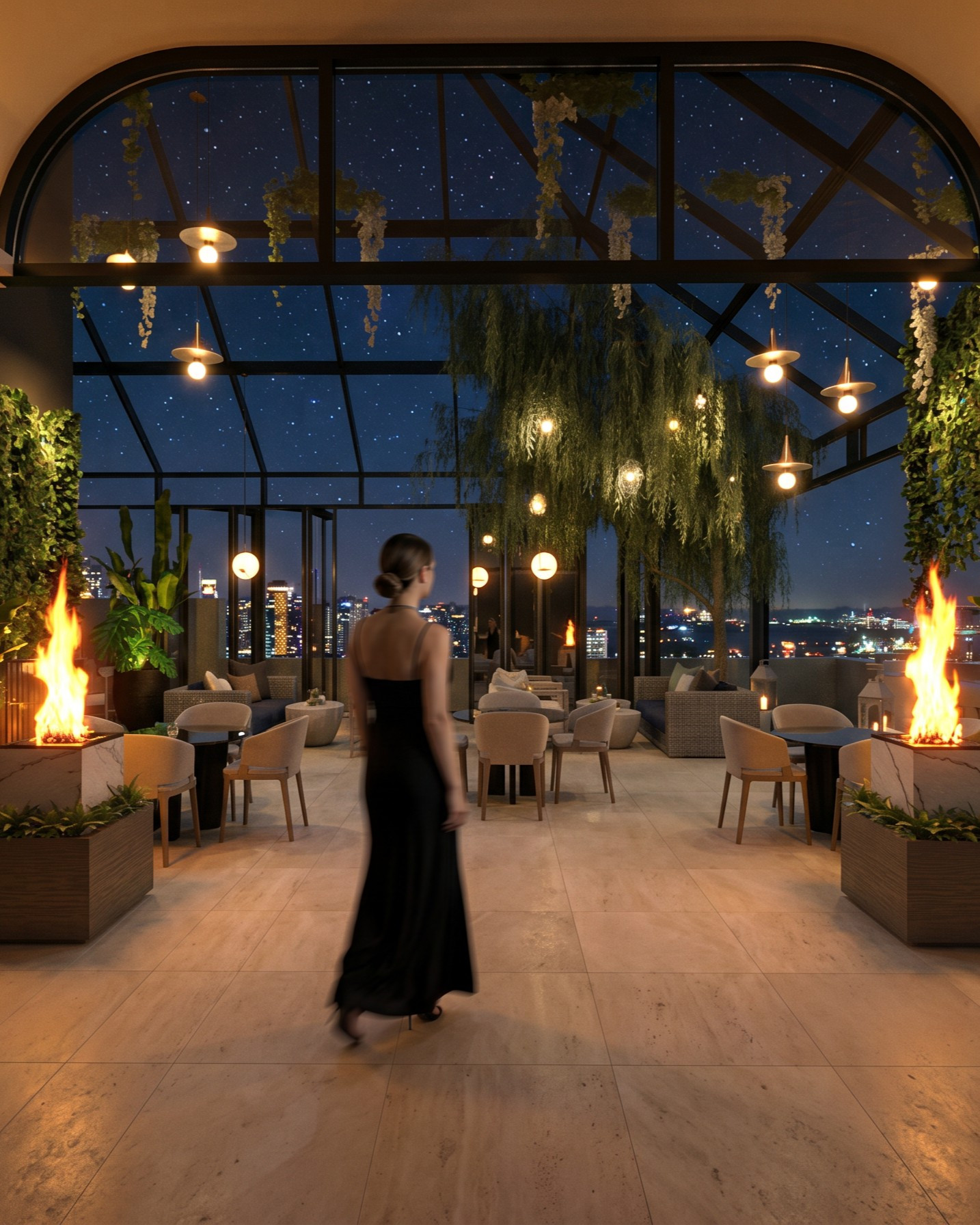 Hotel Leo glass-vaulted rooftop lounge at night — Studio Kimi interior design in Jeju Island