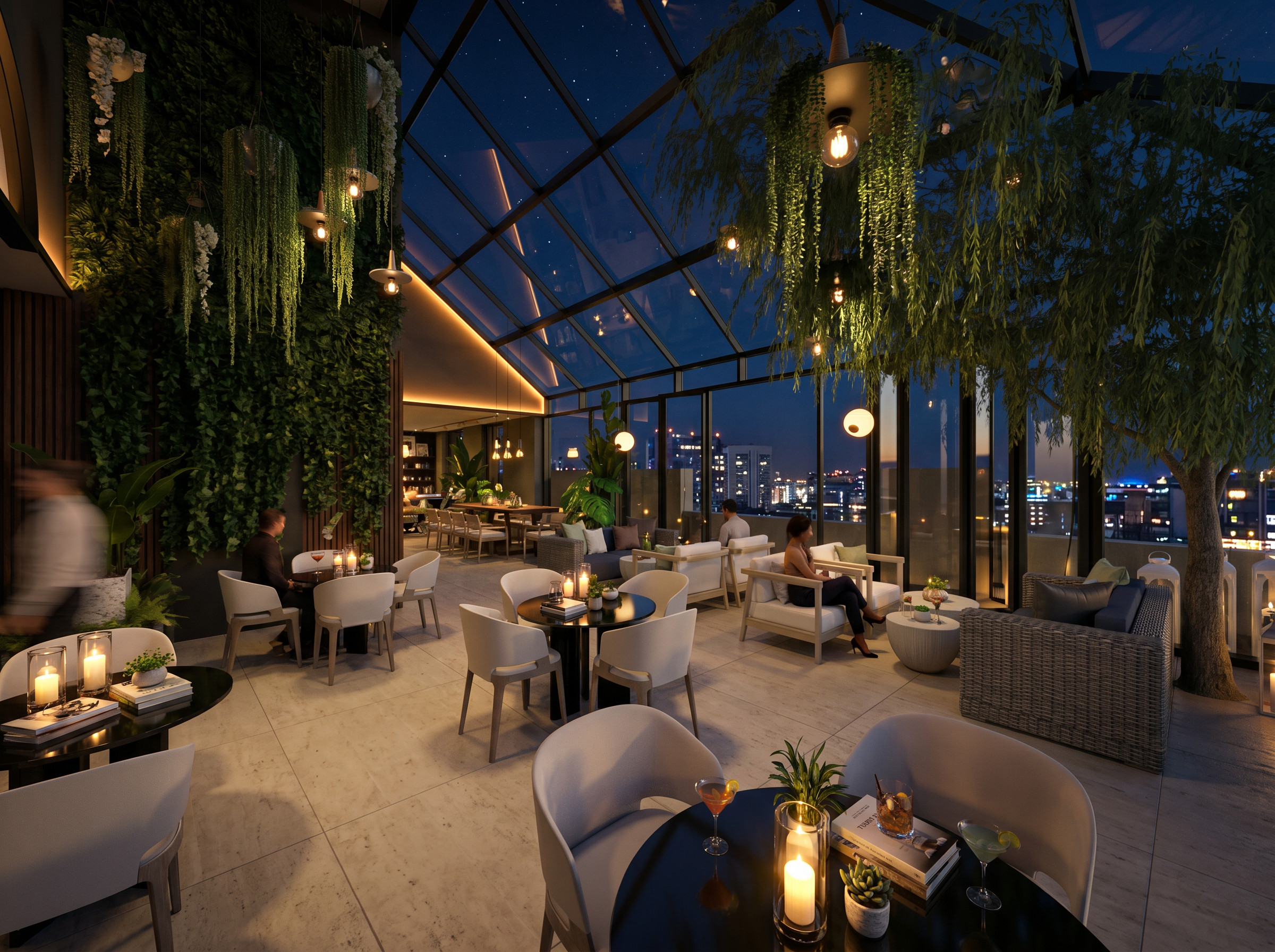 Hotel Leo rooftop lounge with hanging willow and open fire — Studio Kimi interior design in Jeju Island