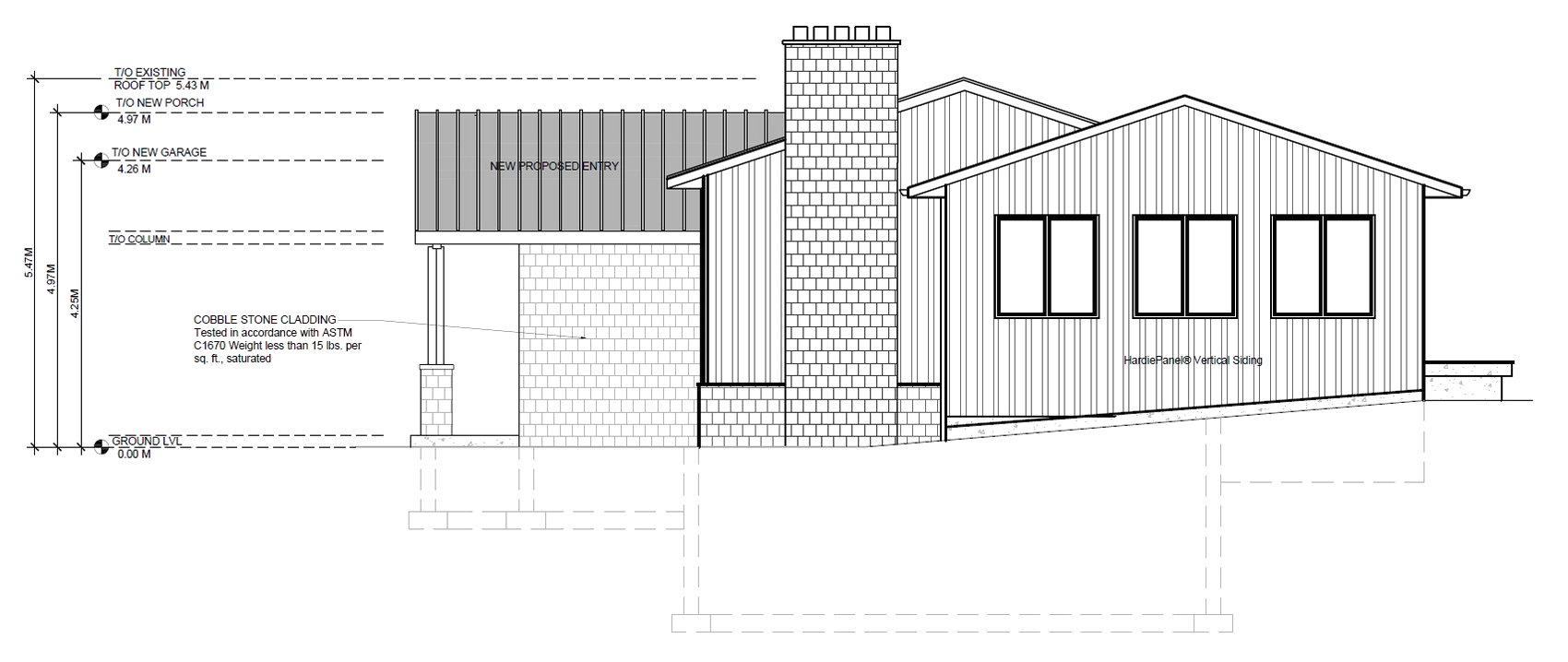 Side elevation — the new covered entry and chimney