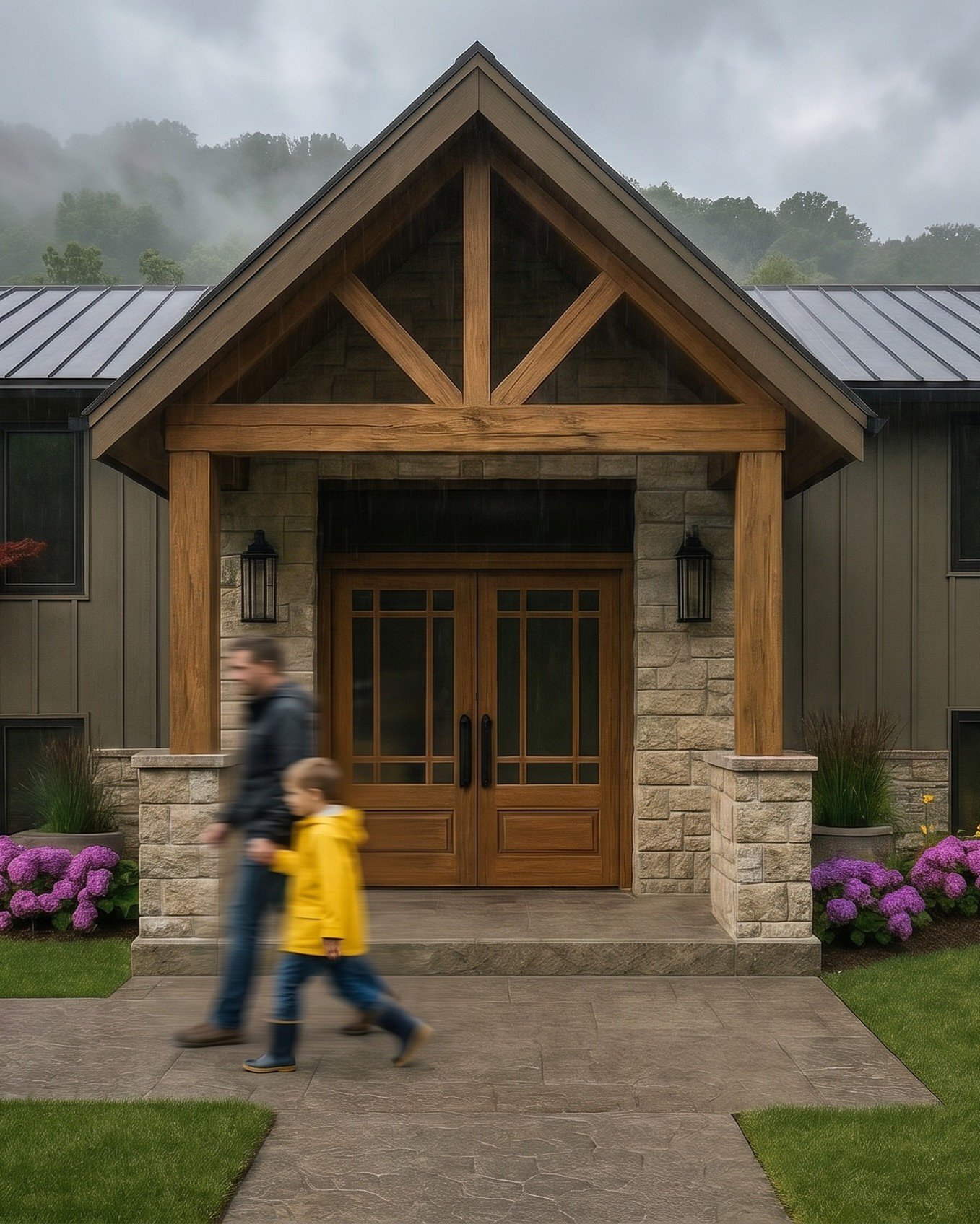 The new timber-and-stone covered entry