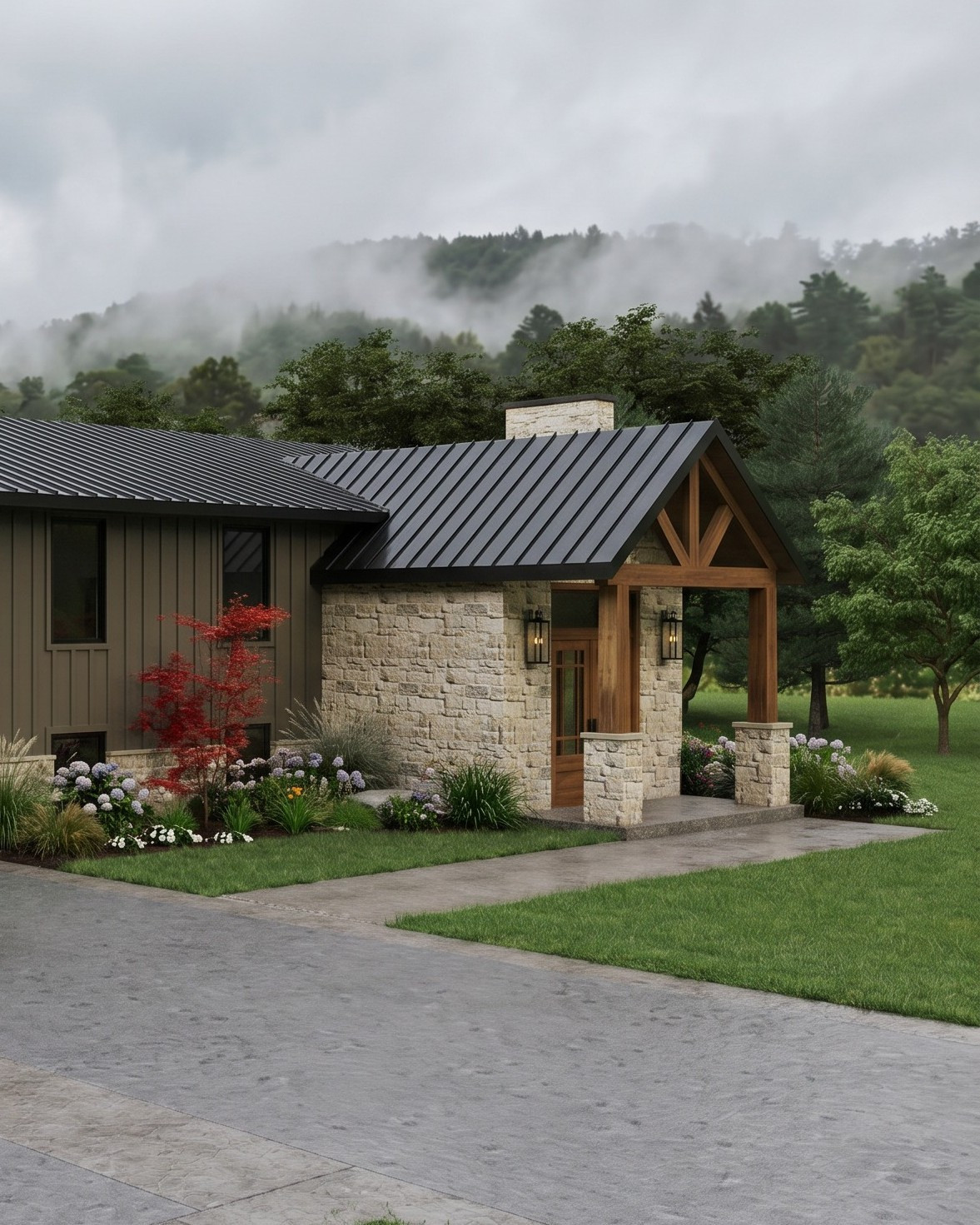 Stone and board-and-batten at the garage approach