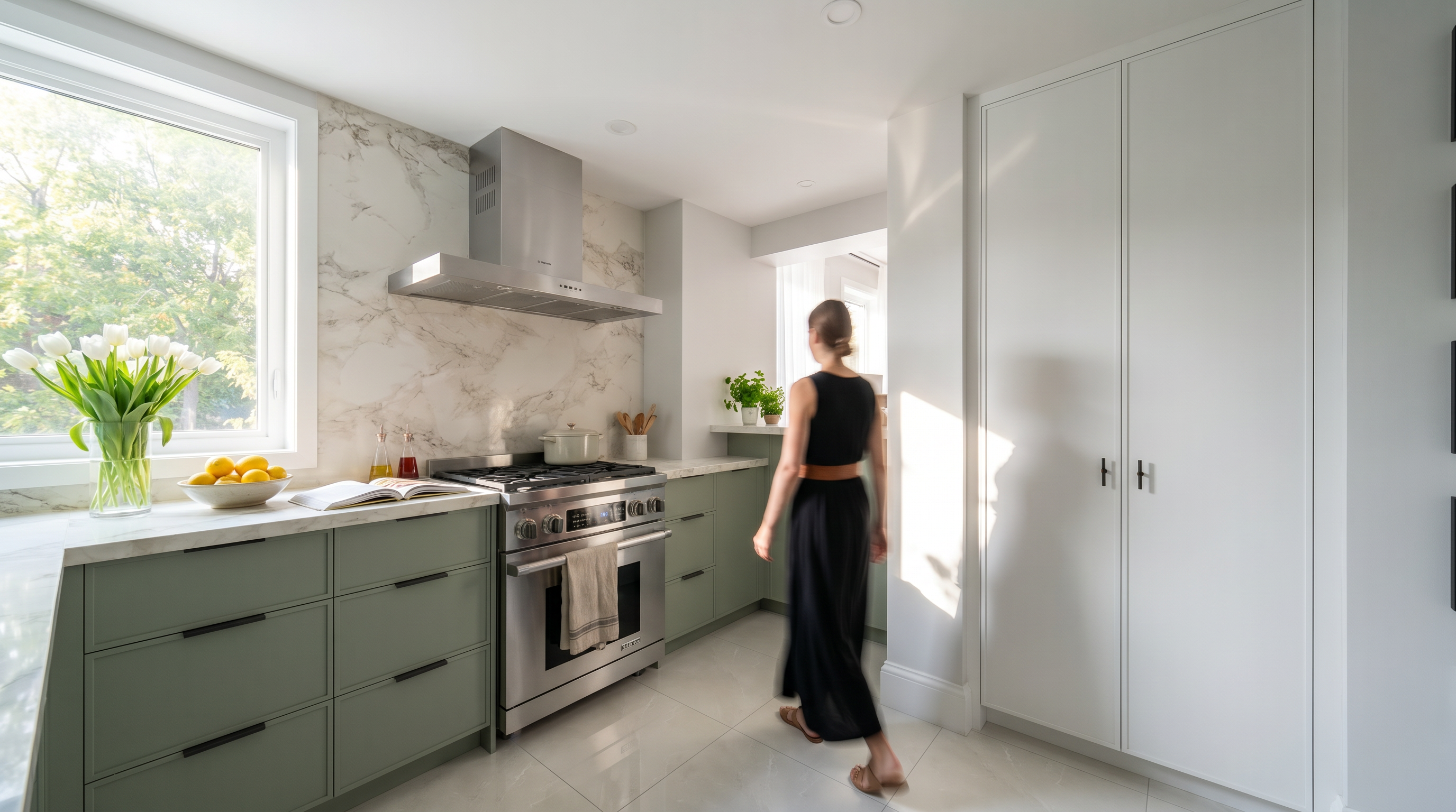 Sage-green kitchen cabinetry with Calacatta-look marble backsplash at the Lowther renovation.