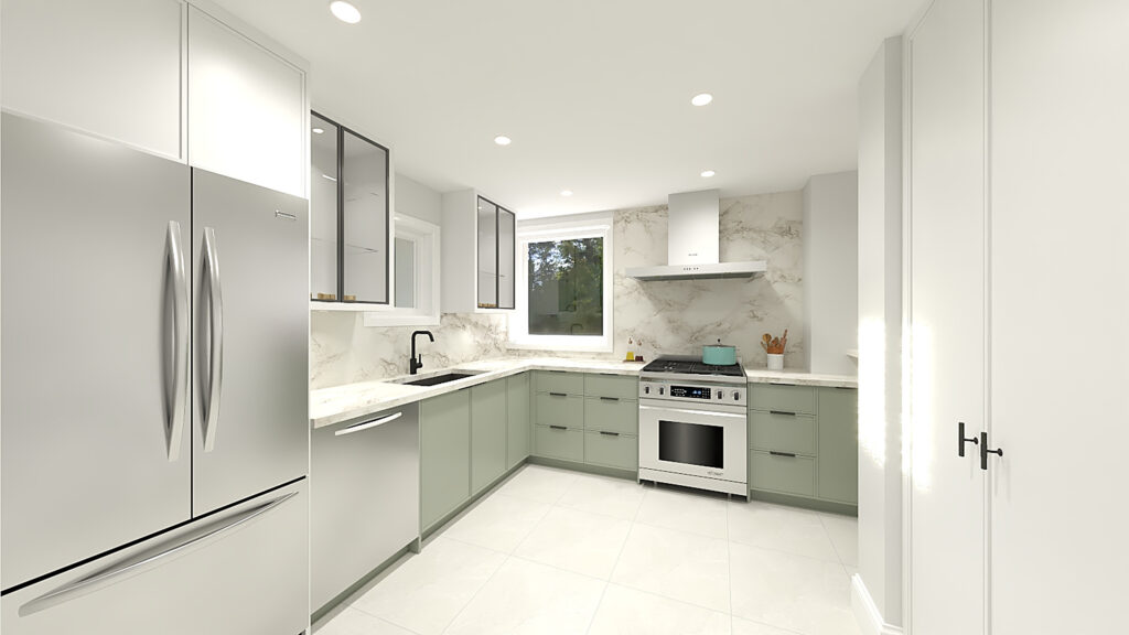 Sage-green kitchen with marble slab backsplash — Lowther whole-home renovation by Studio Kimi, Toronto
