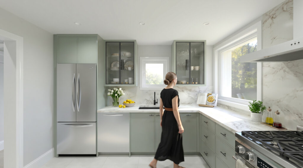 Wide view of the renovated kitchen in the Lowther Annex home, Toronto