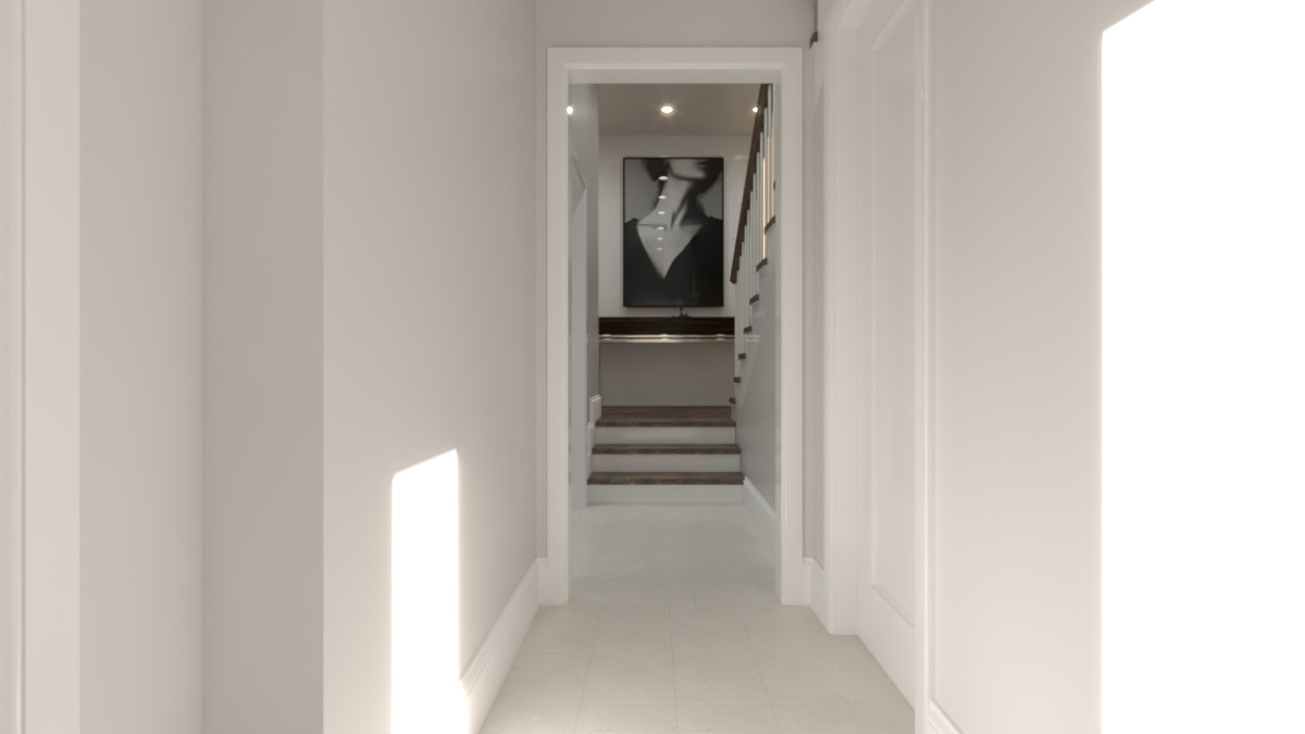 Hallway sightline toward the kitchen and staircase at the Lowther renovation, Oakville.