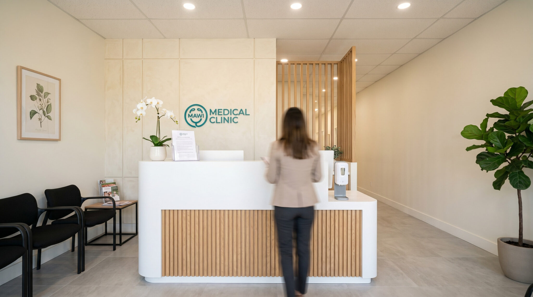 Mawi Medical Clinic reception in Oakville — commercial interior design by Studio Kimi