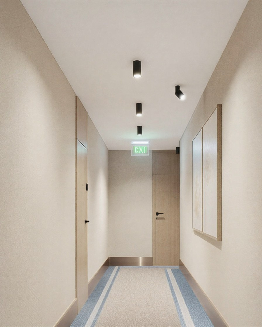 Pearl common corridor with oak feature wall — Studio Kimi, Burlington