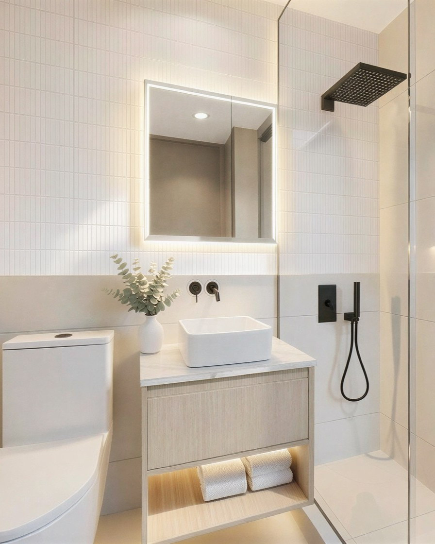 Pearl suite bathroom with floating vanity and matte-black fixtures — Studio Kimi, Burlington