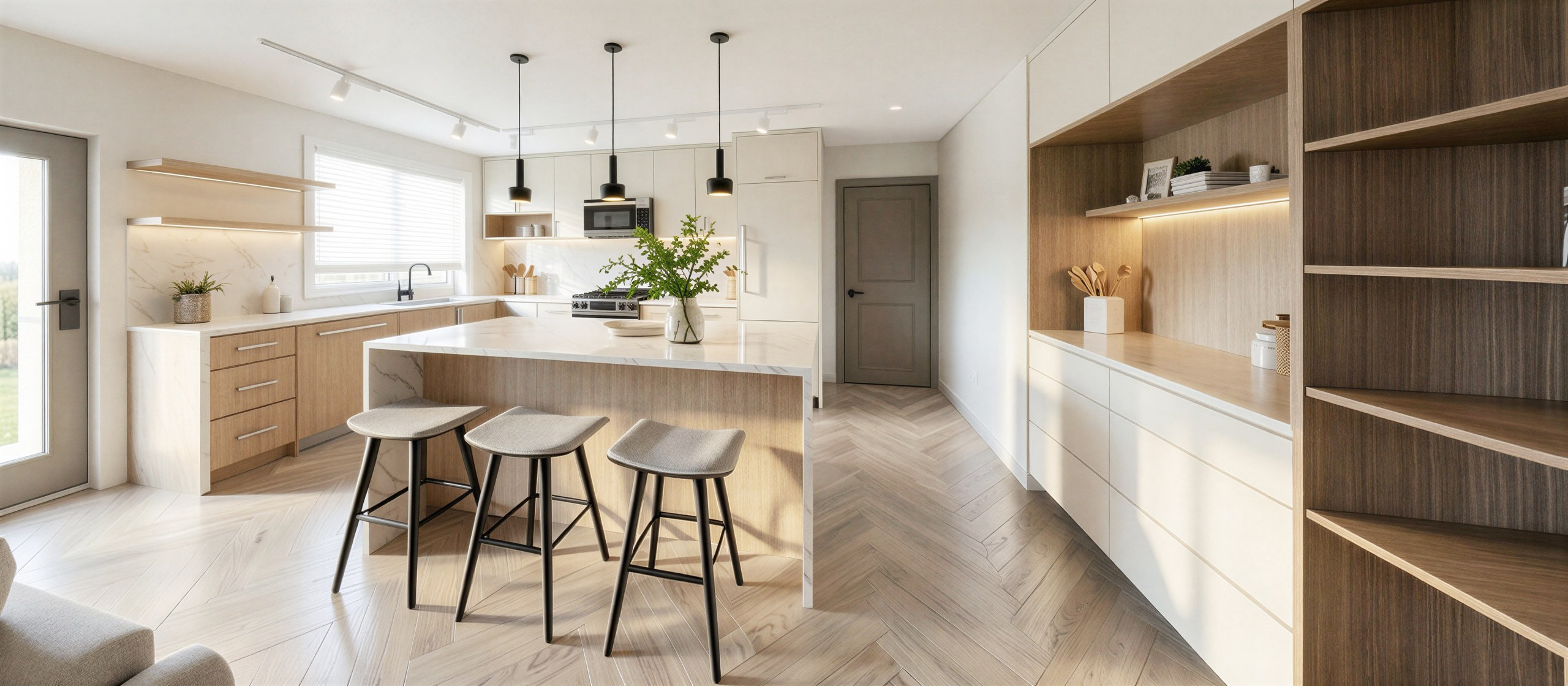 Pearl suite kitchen with stone island and oak cabinetry — Studio Kimi, Burlington