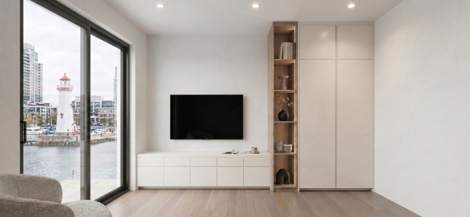 Ports Hotel bachelor unit media wall — Studio Kimi