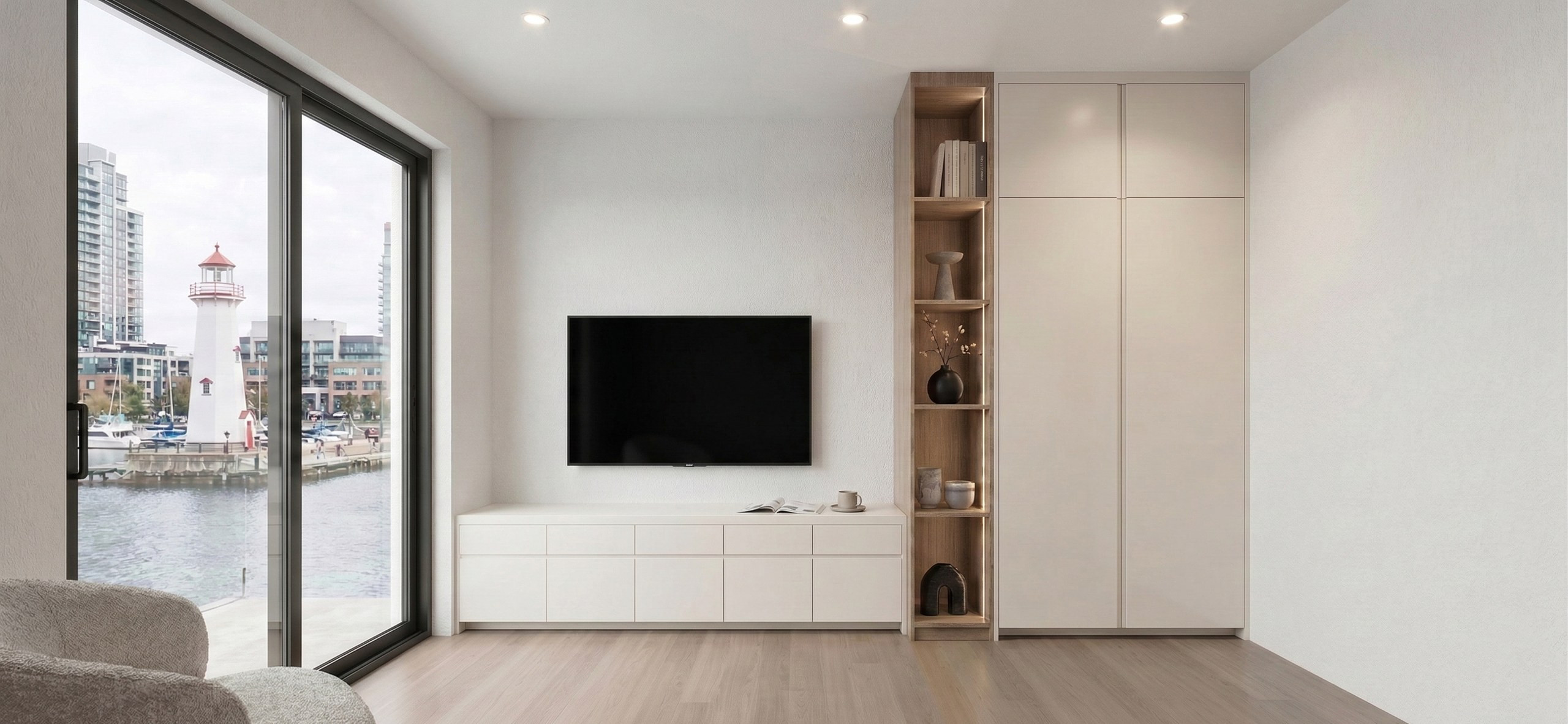 Ports Hotel bachelor unit media wall — Studio Kimi