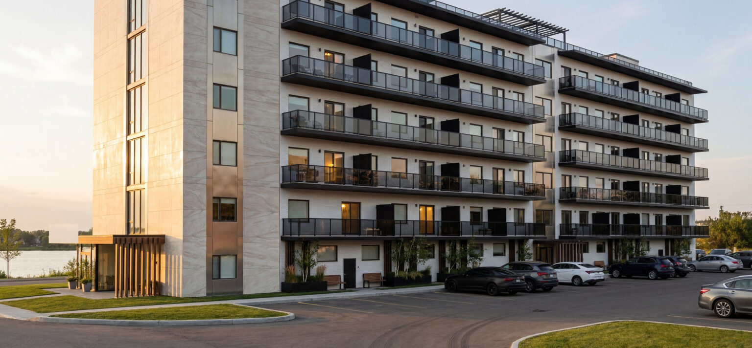 Ports Hotel mixed-use building exterior at dusk — Studio Kimi