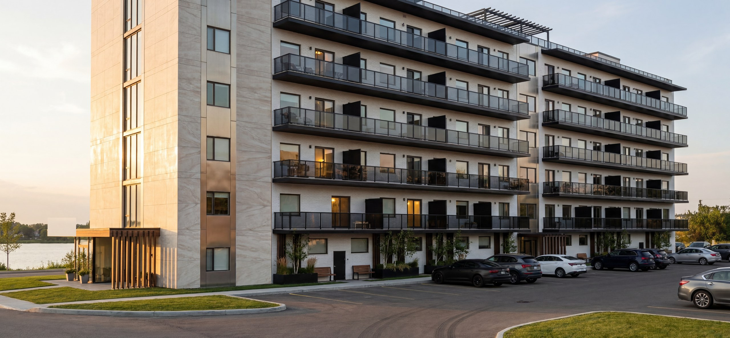 Ports Hotel building exterior at dusk — Studio Kimi