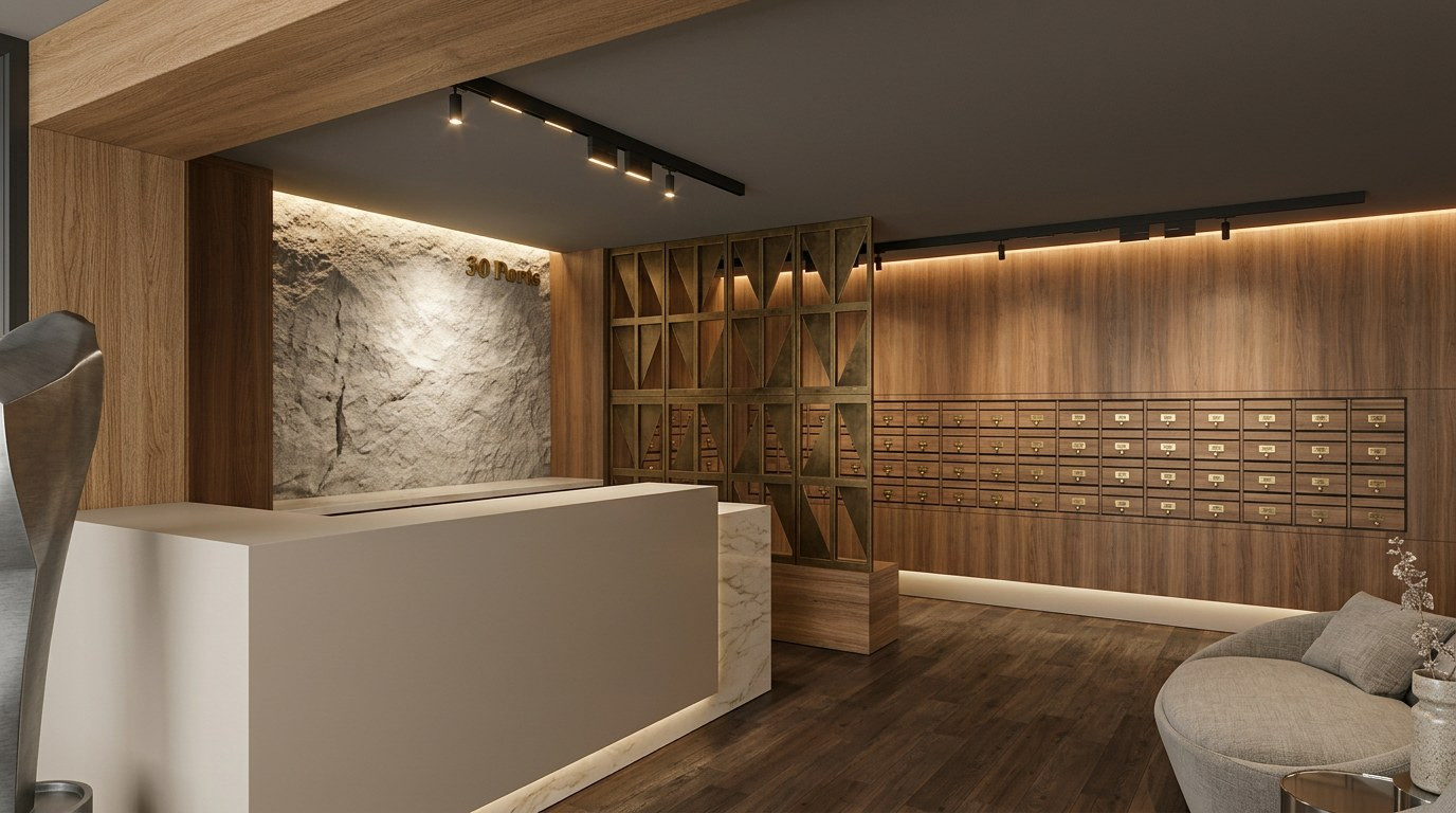 Ports Hotel lobby and reception — Studio Kimi hospitality design