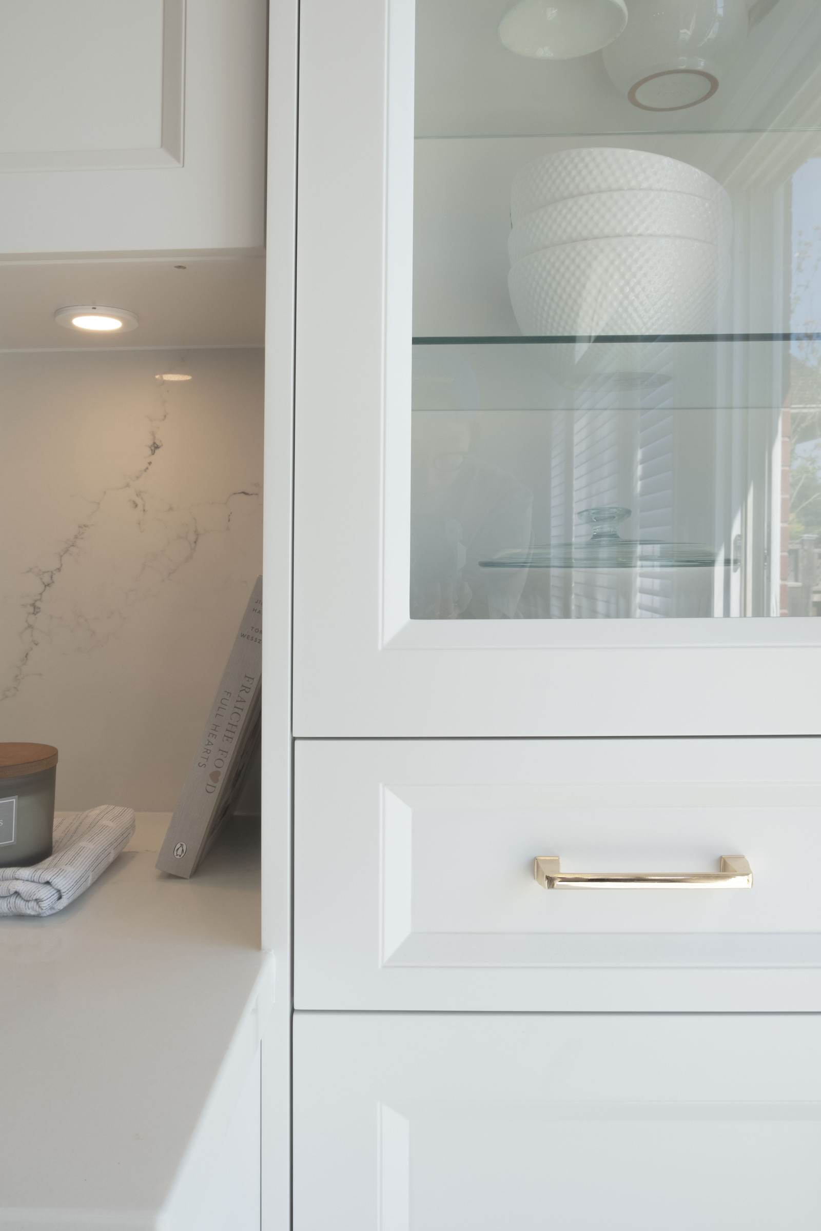 Glass-front display cabinetry detail, Rosanna kitchen