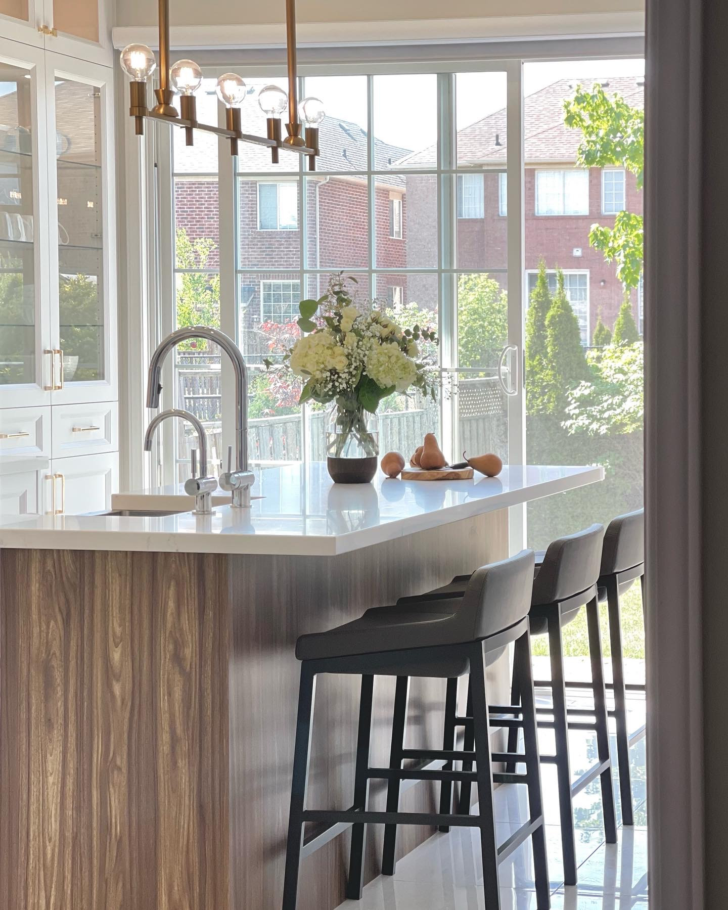 White shaker kitchen island with marble waterfall counter, Rosanna, Mississauga