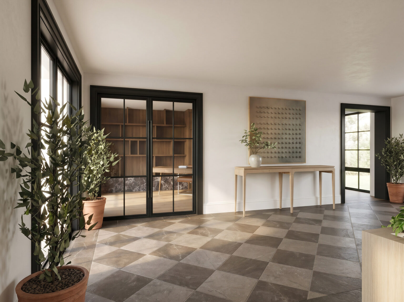 Sixth Lane entry with taupe marble checkerboard floor — Studio Kimi interior design in the GTA