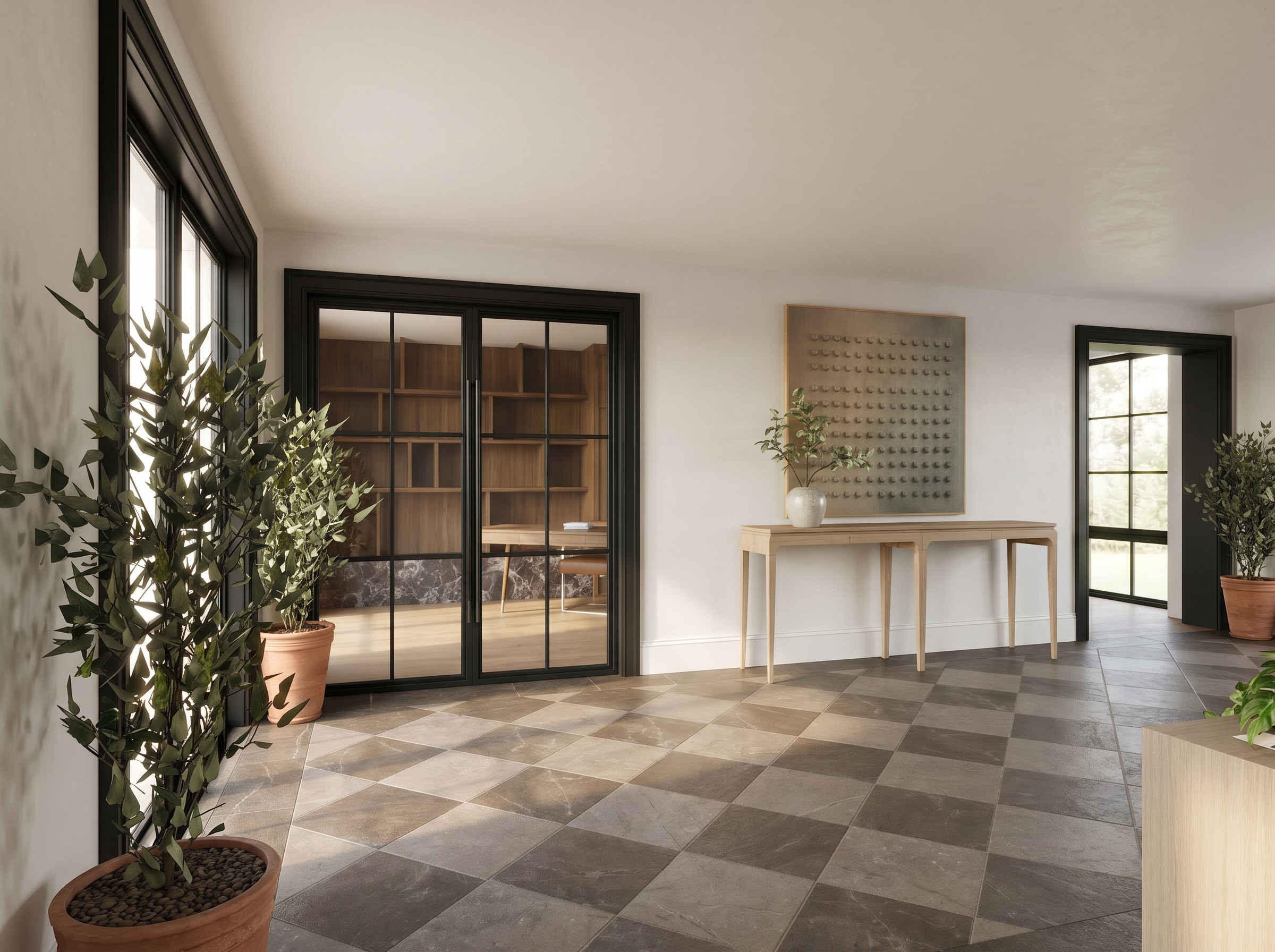 Sixth Lane entry with taupe marble checkerboard floor — Studio Kimi interior design in Milton