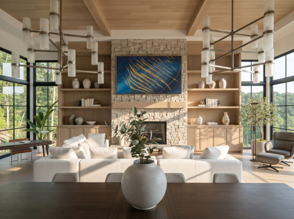 Sixth Lane great room with stacked-stone fireplace — Studio Kimi interior design in Milton