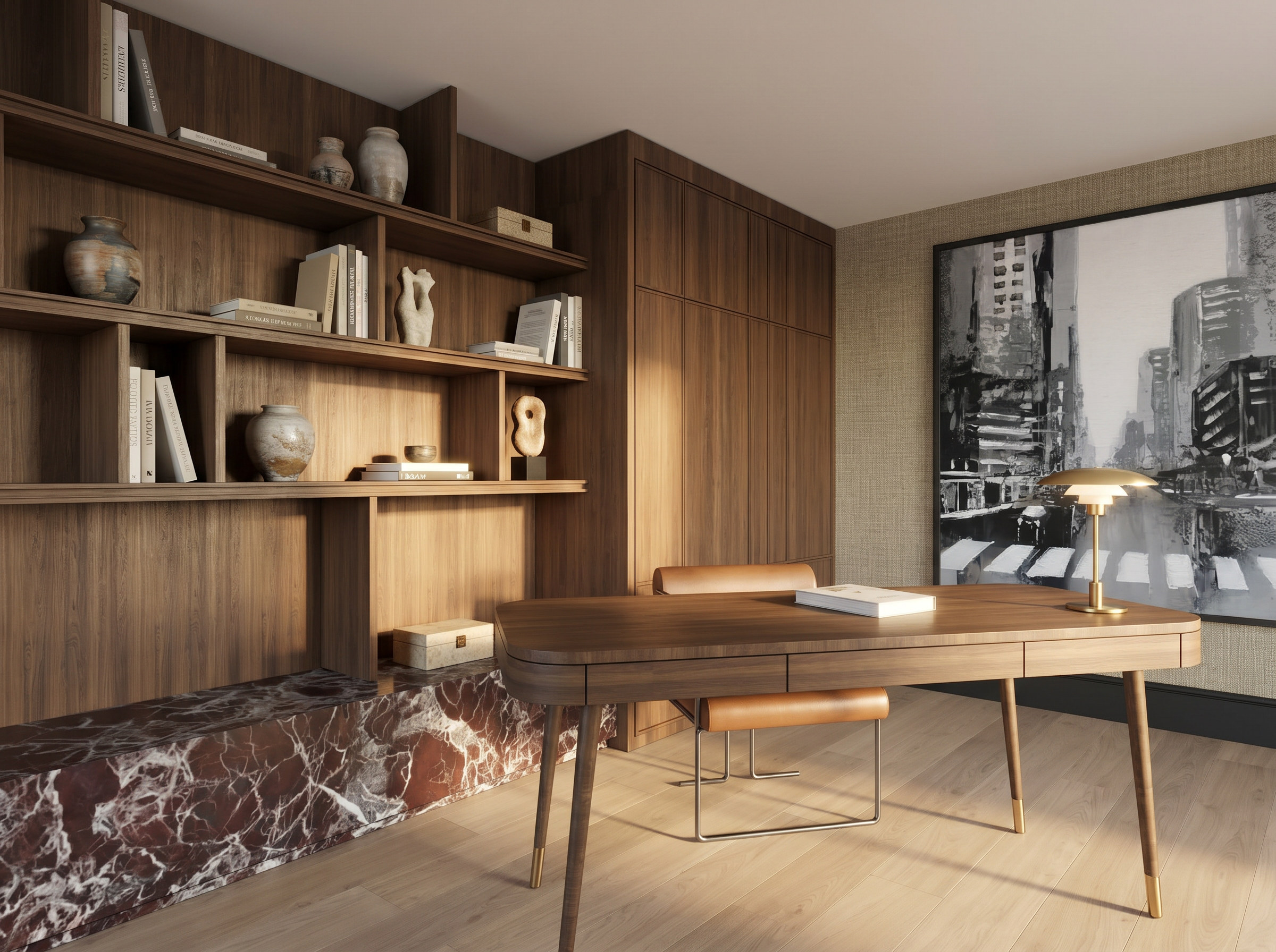 Sixth Lane walnut home office with floating desk — Studio Kimi interior design in Milton