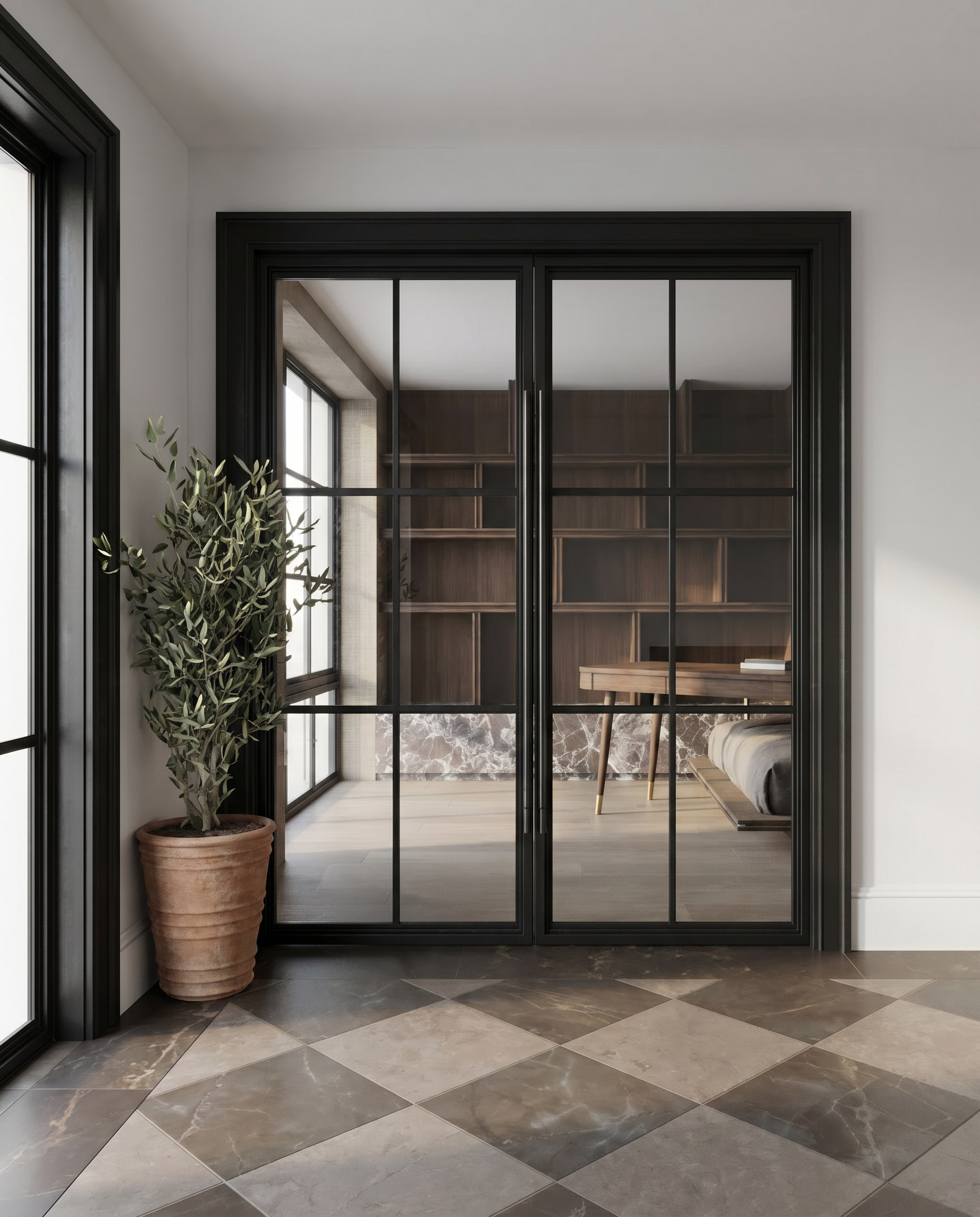 Sixth Lane interior steel doors to the primary suite — Studio Kimi interior design in Milton